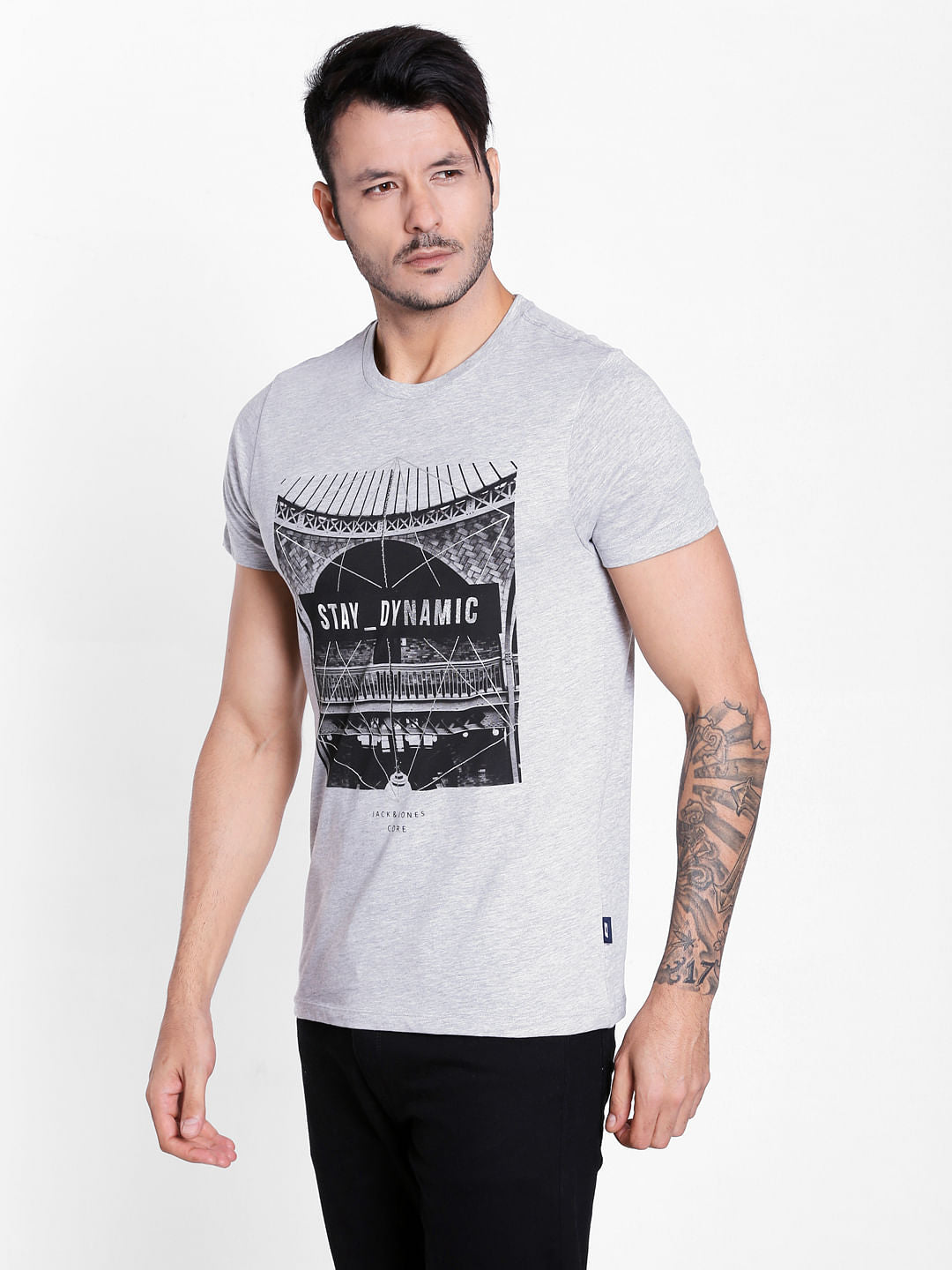 Grey Graphic Print Crew Neck T-Shirt
