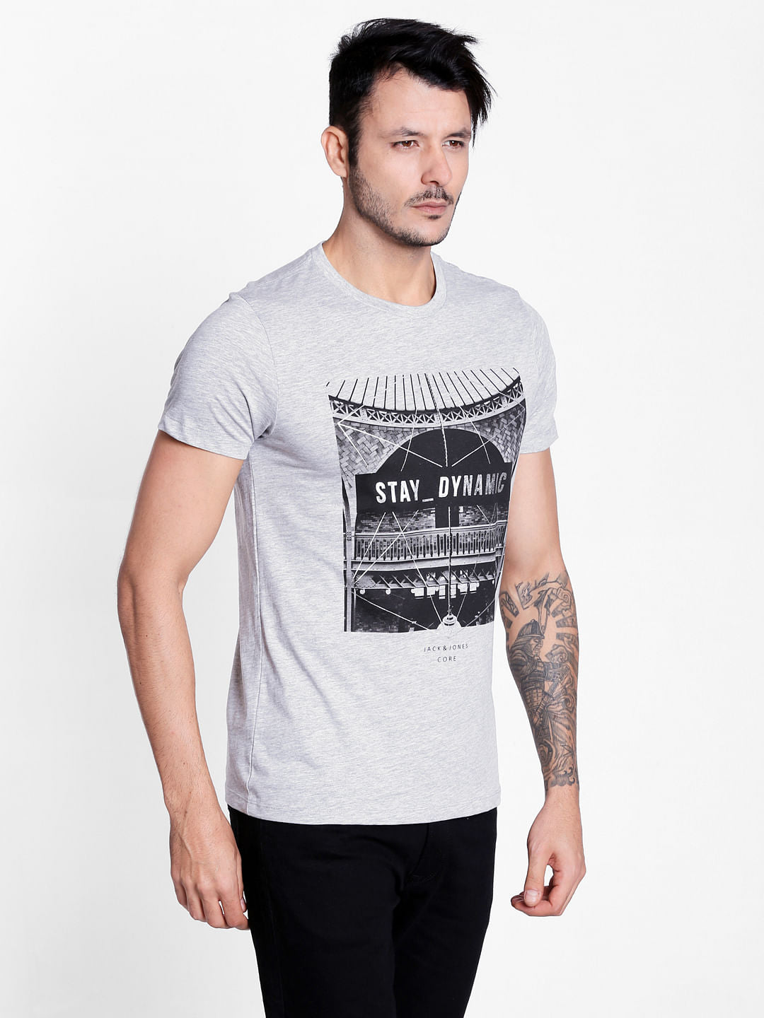 Grey Graphic Print Crew Neck T-Shirt