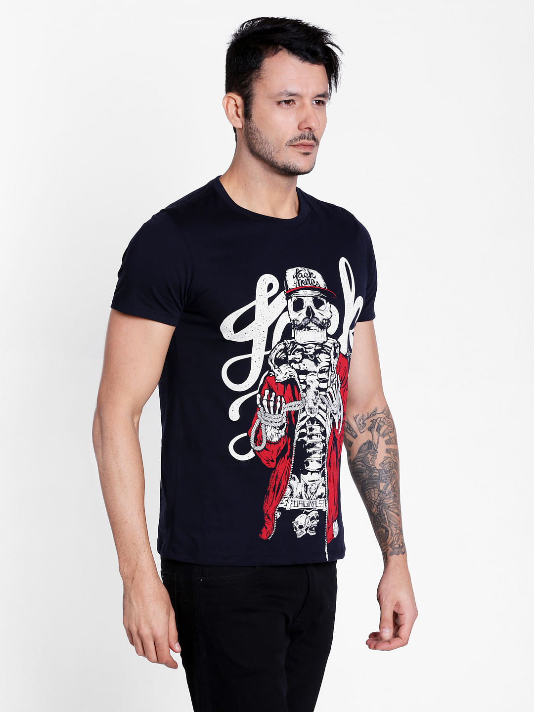 Blue Skeleton Print Graphic Crew Neck T-Shirt