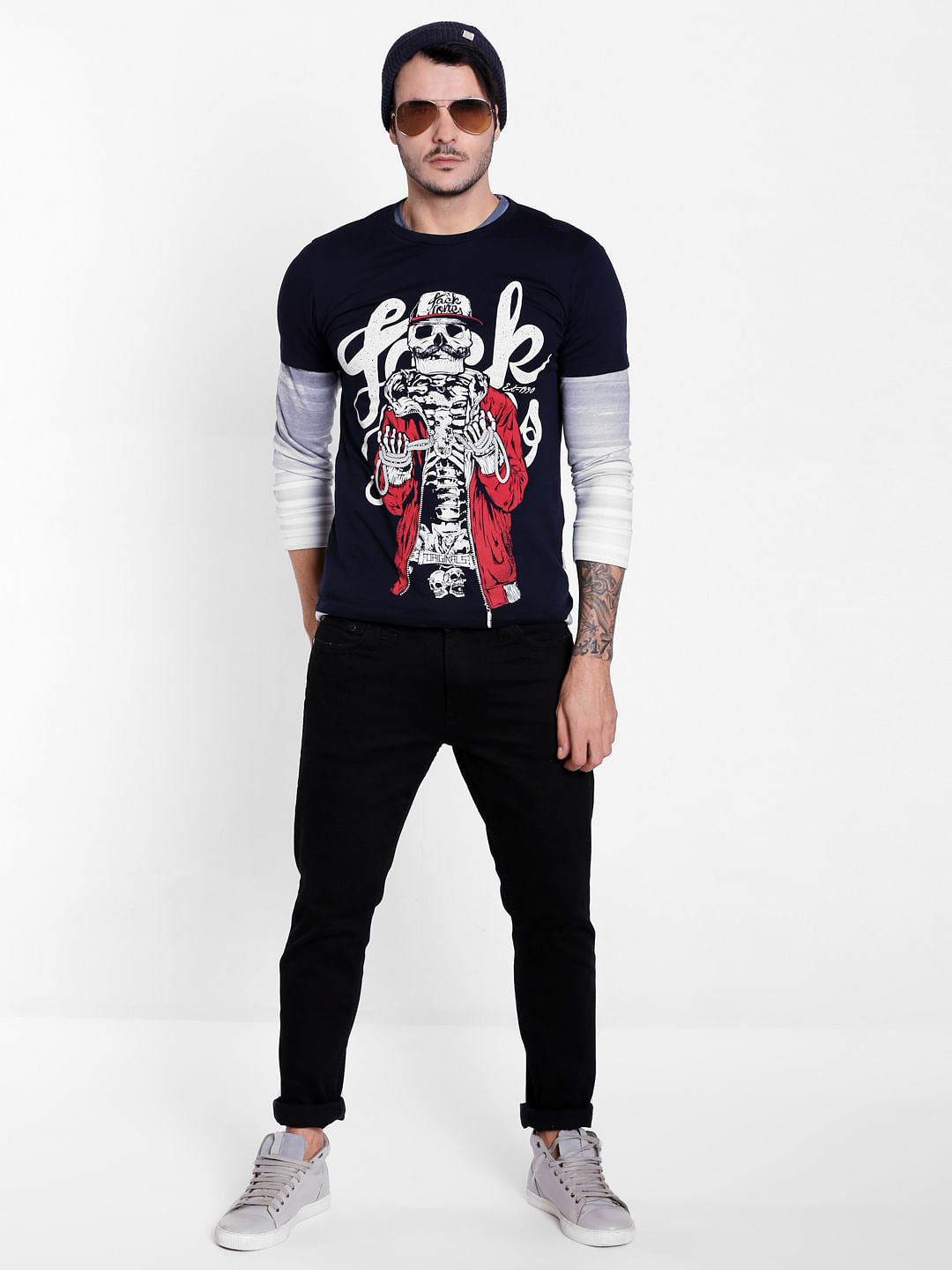 Blue Skeleton Print Graphic Crew Neck T-Shirt