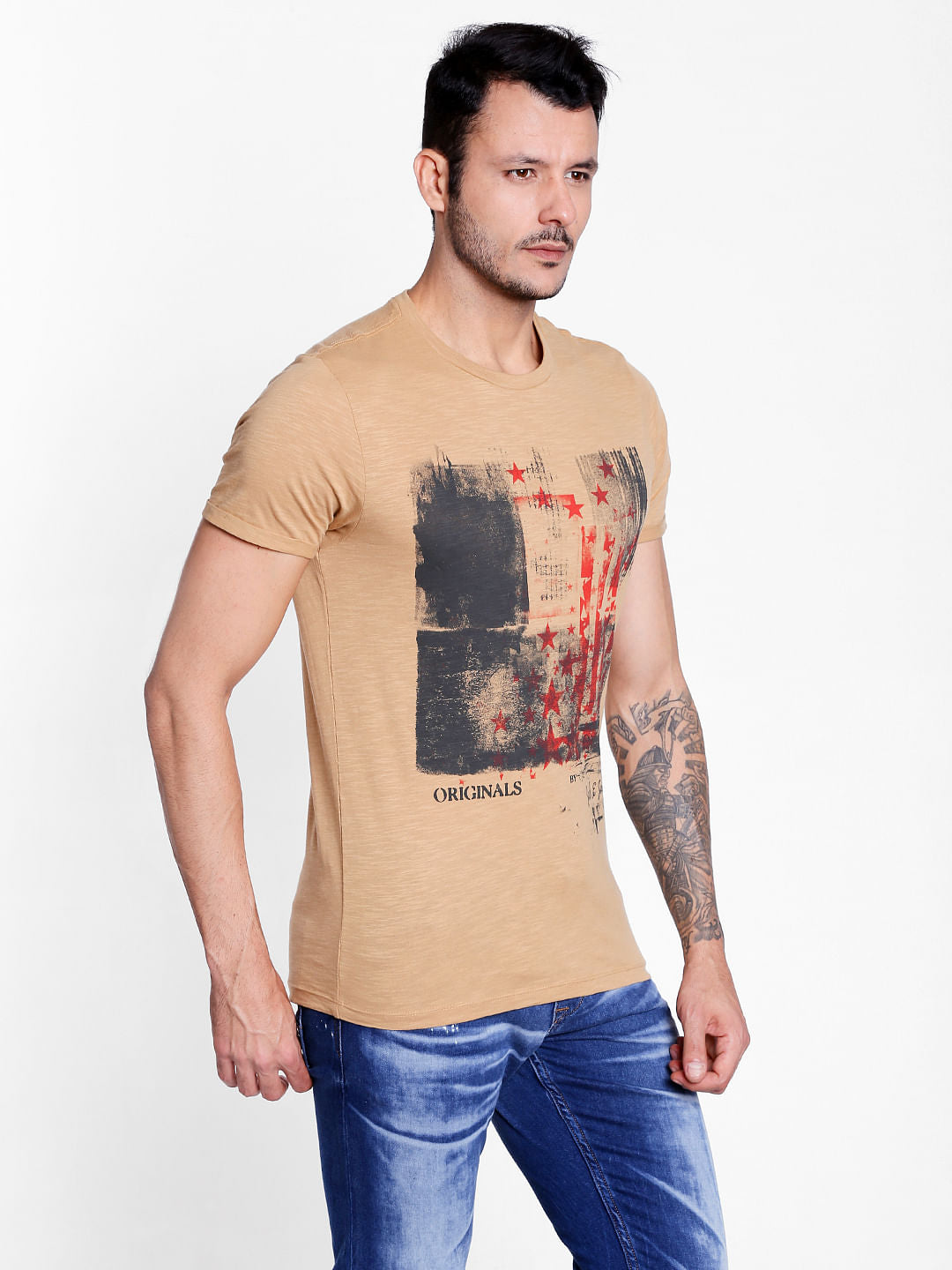 Tan Graphic Print Crew Neck T-Shirt
