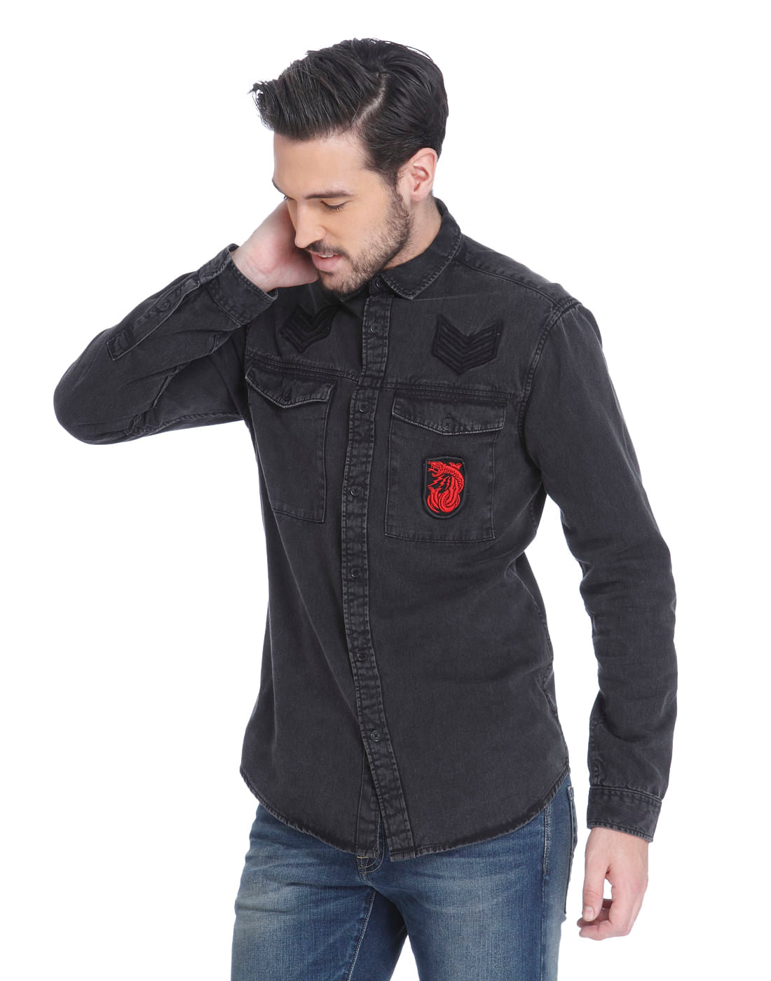Dark Grey Over Dyed Slim Fit Shirt
