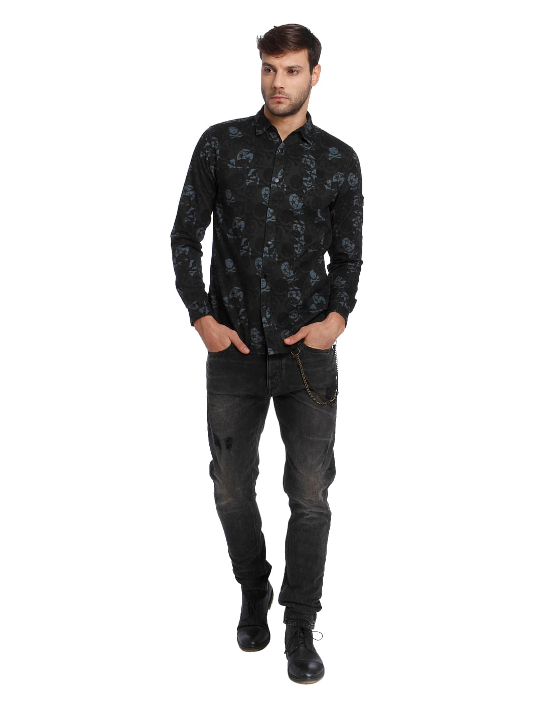 Dark Grey Skull Print Slim Fit Shirt