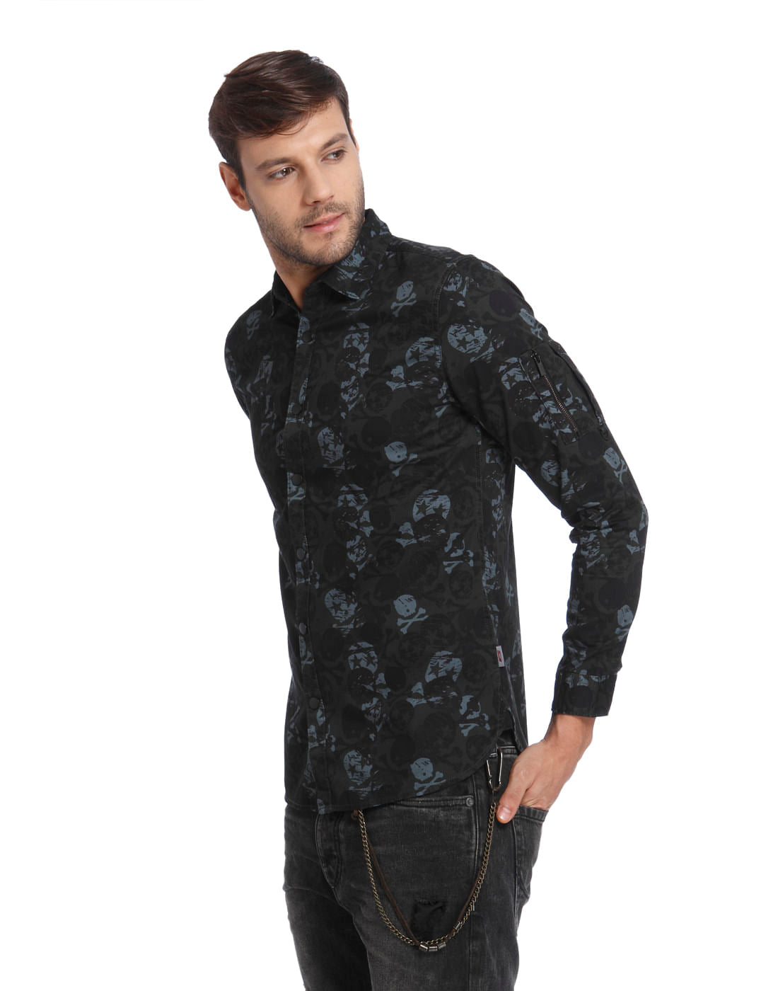 Dark Grey Skull Print Slim Fit Shirt