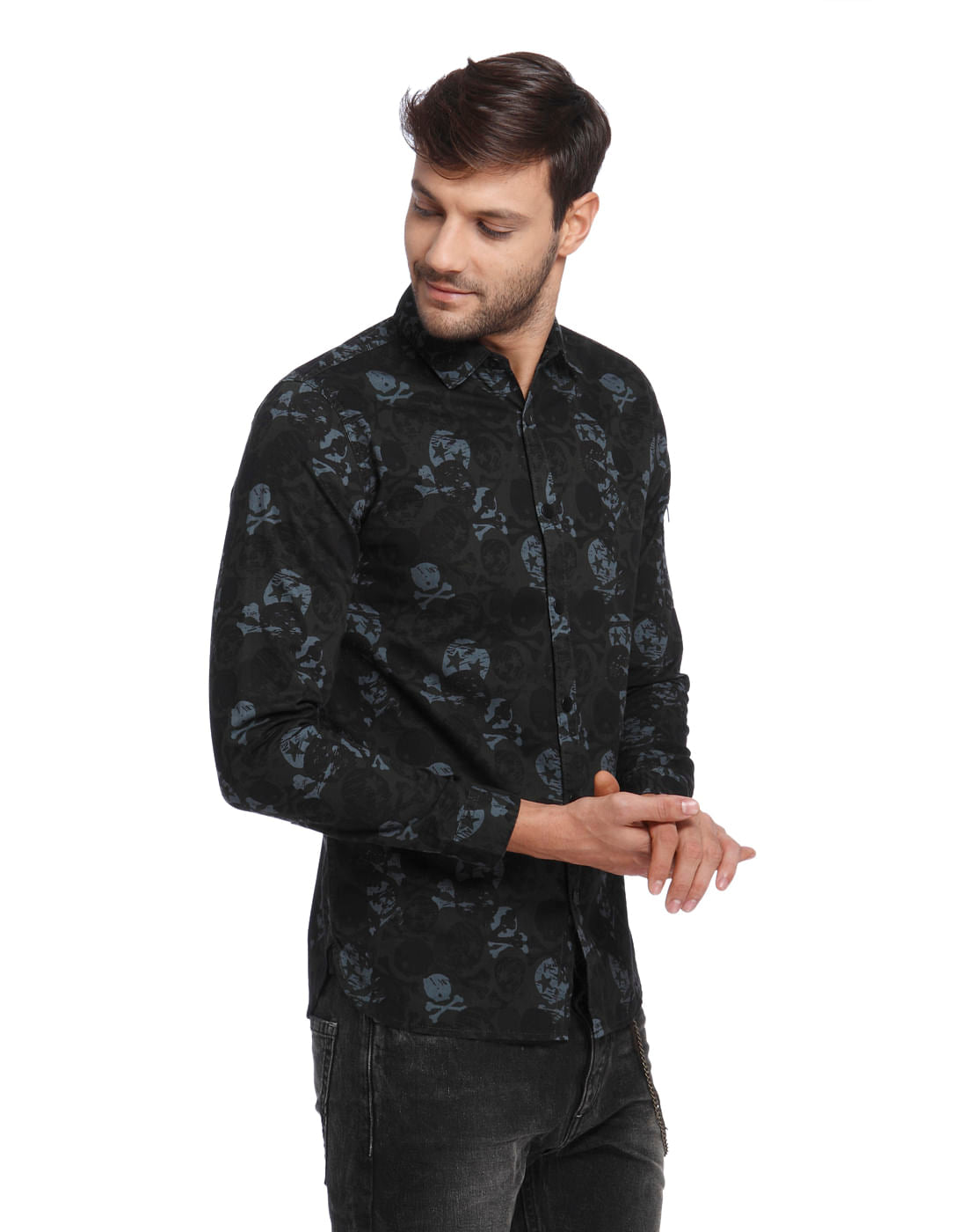 Dark Grey Skull Print Slim Fit Shirt