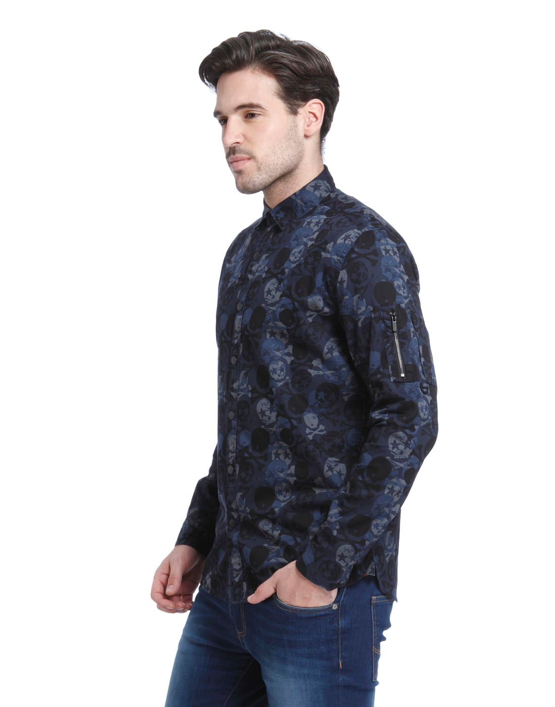 Dark Blue Skull Print Slim Fit Shirt