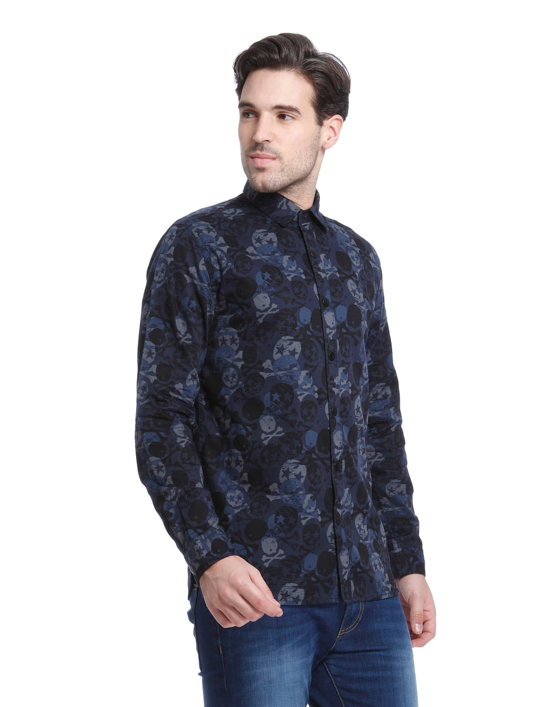 Dark Blue Skull Print Slim Fit Shirt