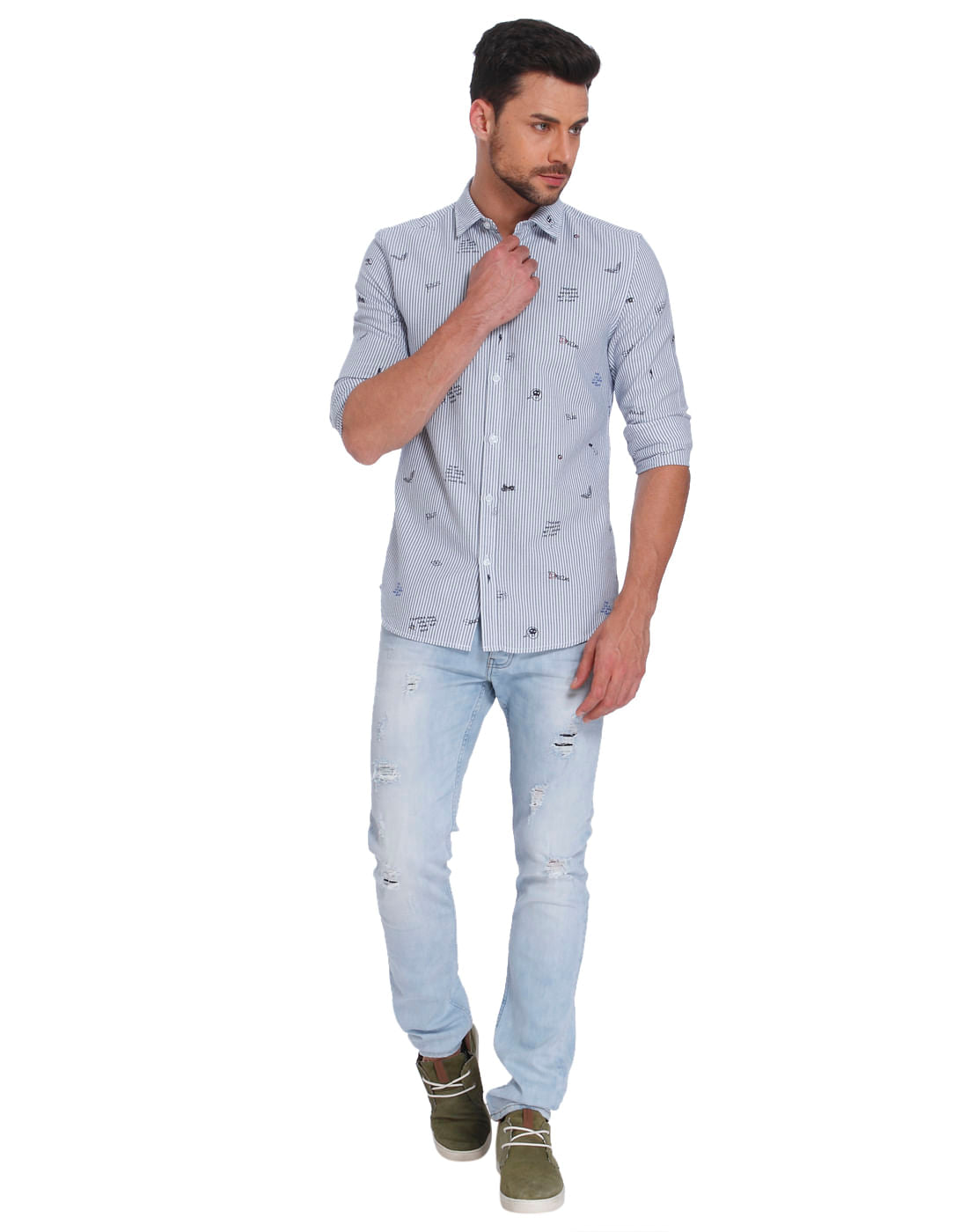 Blue Striped Quirky Print Slim Fit Shirt