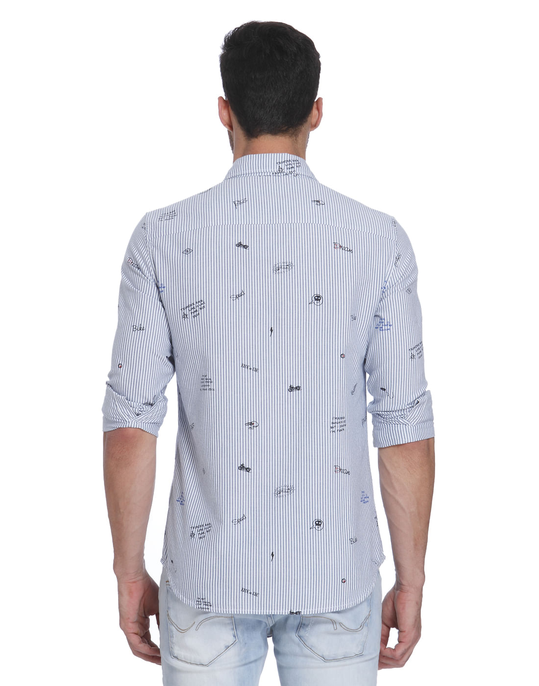 Blue Striped Quirky Print Slim Fit Shirt