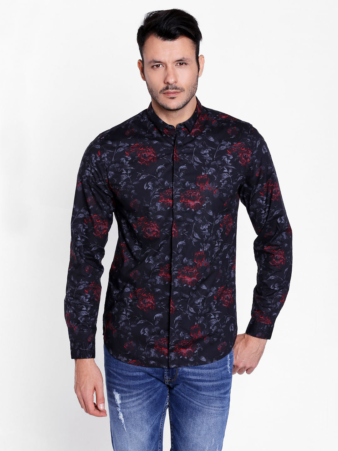 Black Tropical Print Slim Fit Shirt