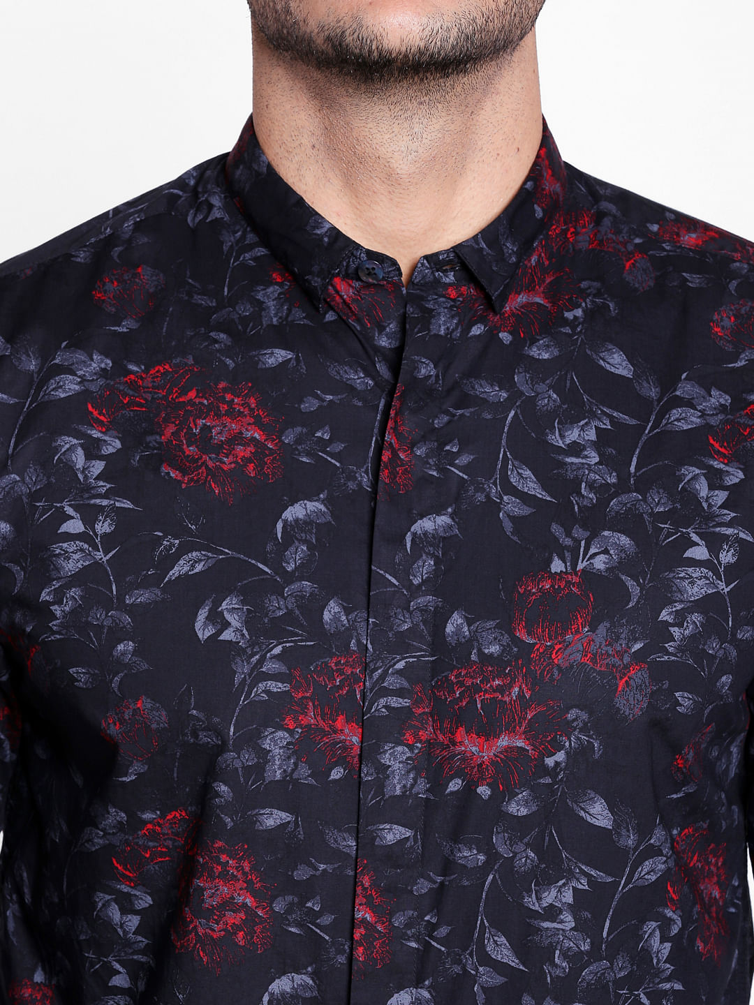 Black Tropical Print Slim Fit Shirt