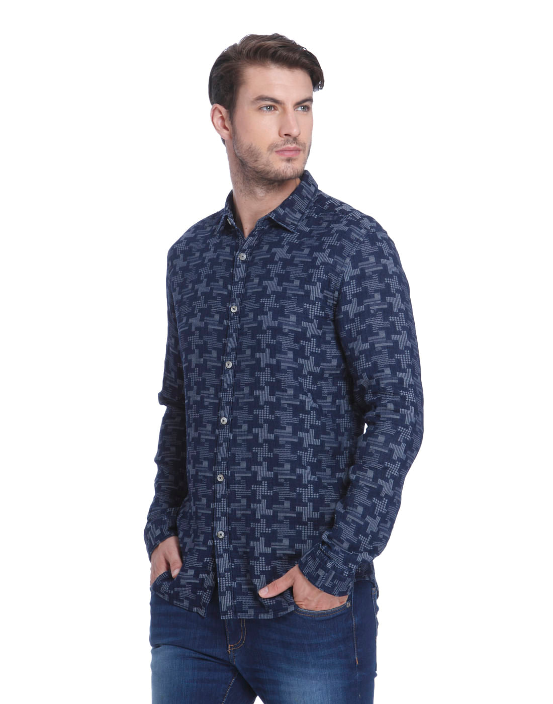 Blue Printed Slim Fit Shirt