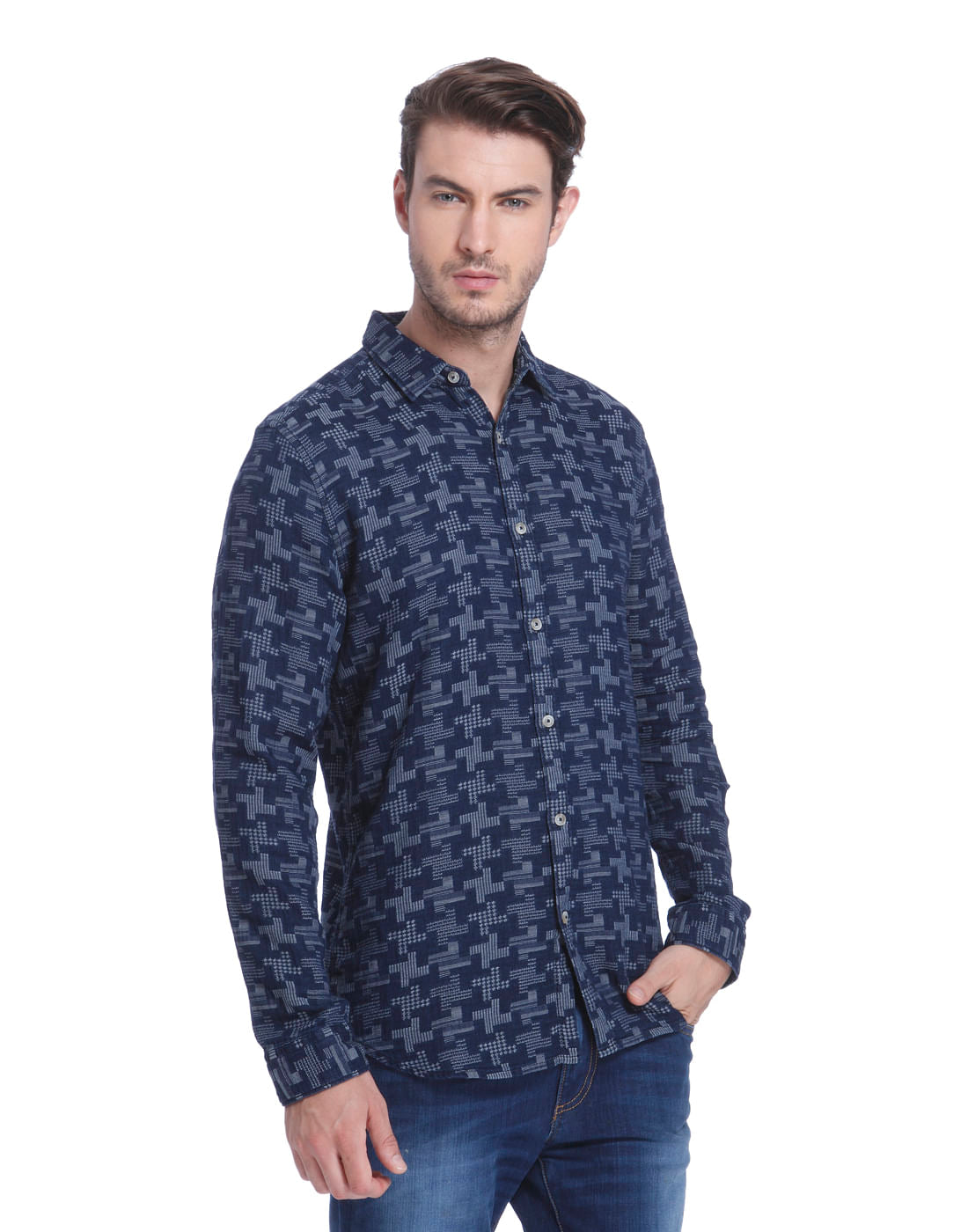 Blue Printed Slim Fit Shirt