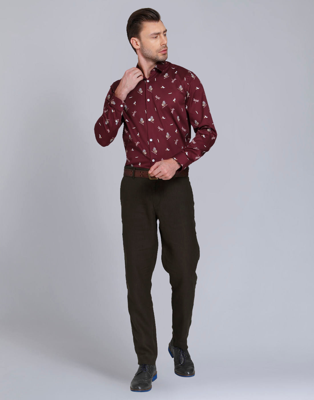 Maroon Butterfly Print Slim Fit Shirt