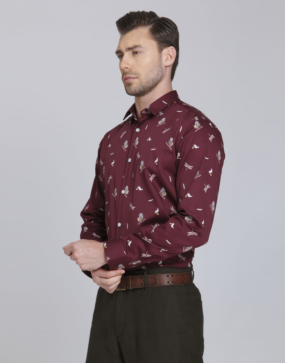 Maroon Butterfly Print Slim Fit Shirt