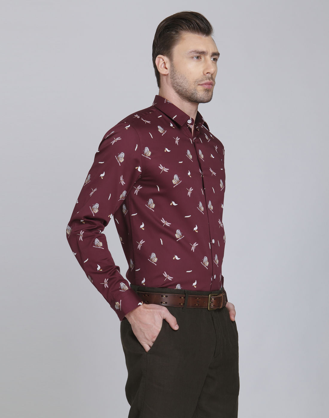 Maroon Butterfly Print Slim Fit Shirt