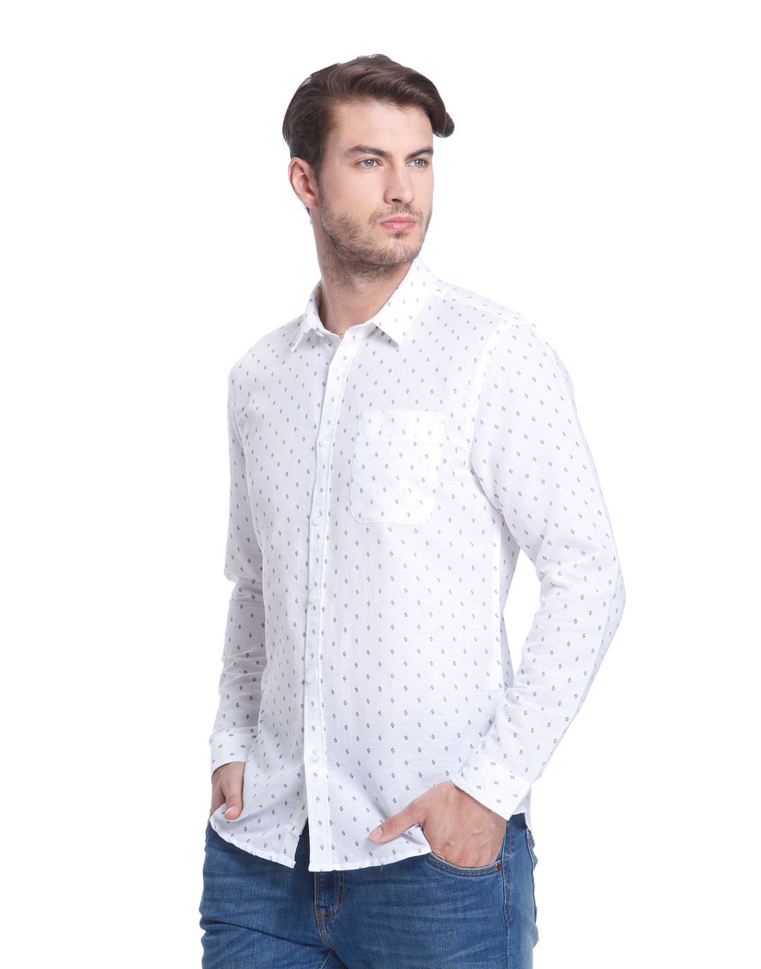 White All Over Print Linen Shirt