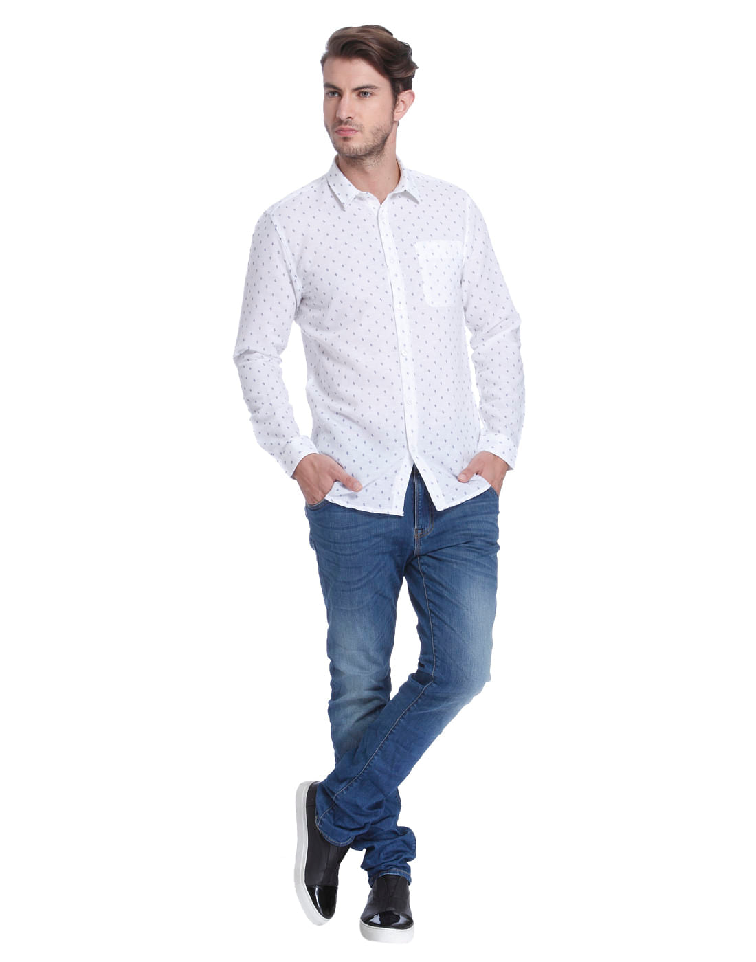 White All Over Print Linen Shirt