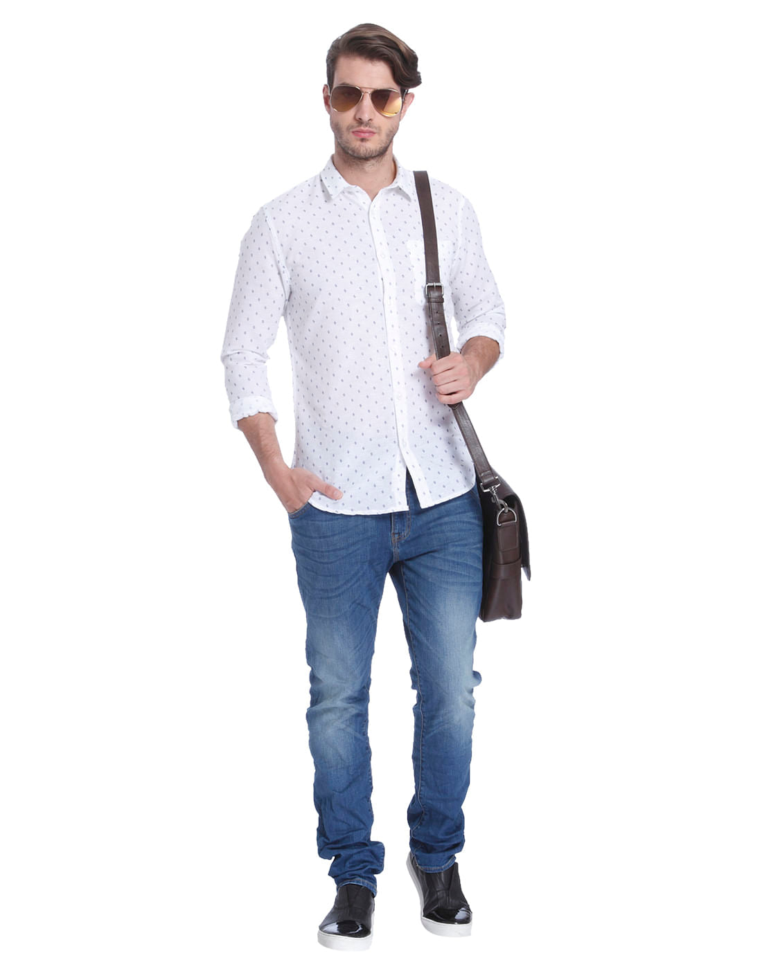White All Over Print Linen Shirt