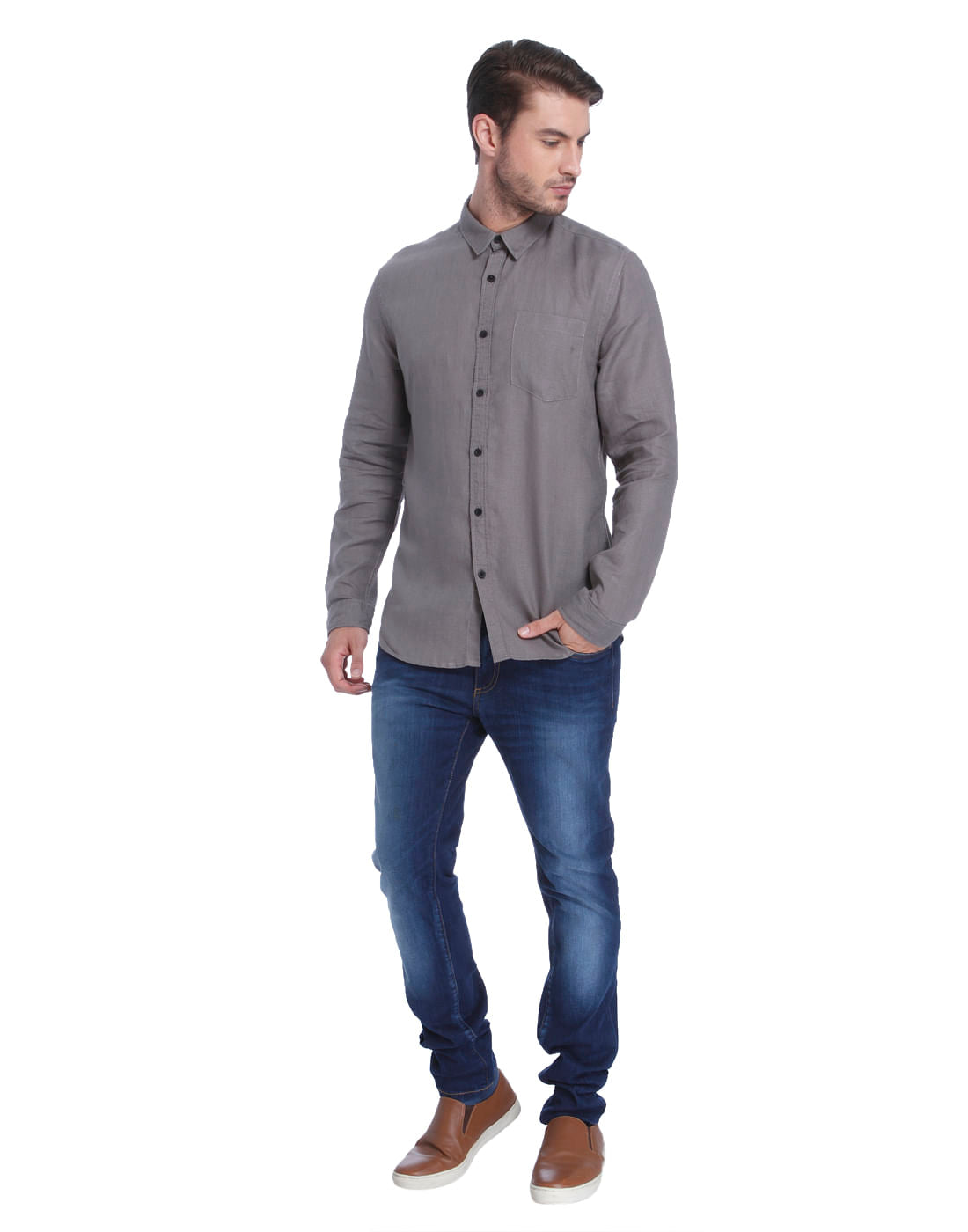 Grey Linen Slim Fit Shirt