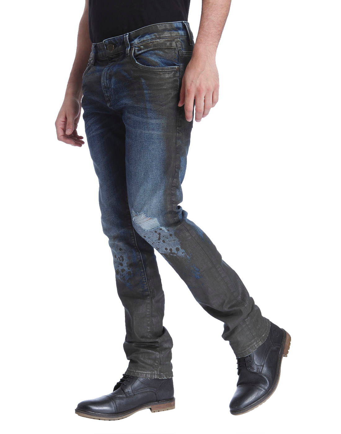 Blue Colour Blocked Low Distressed Slim Fit Jeans