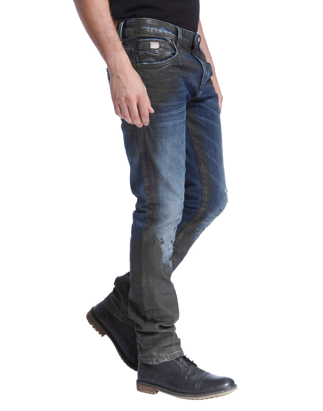 Blue Colour Blocked Low Distressed Slim Fit Jeans
