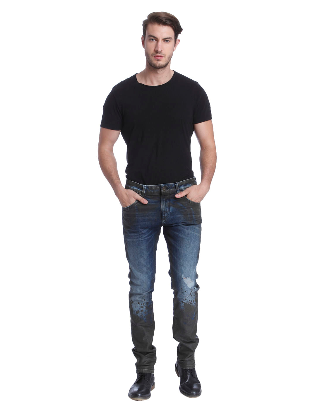 Blue Colour Blocked Low Distressed Slim Fit Jeans