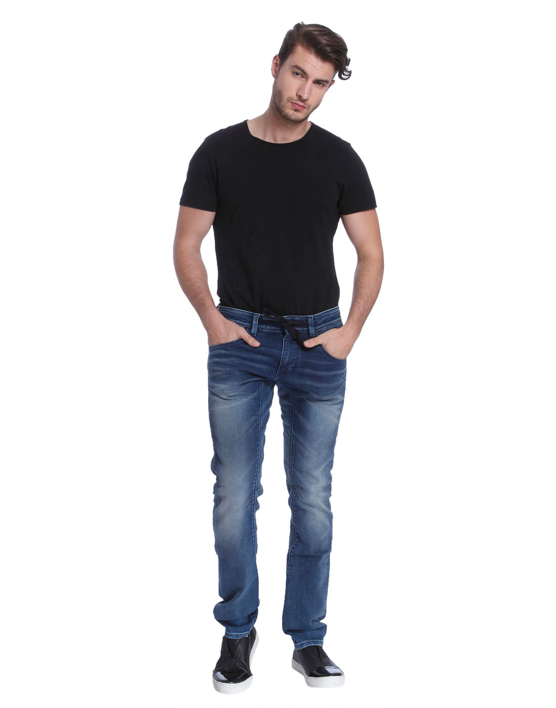 Blue Drawstring Slim Fit Jeans