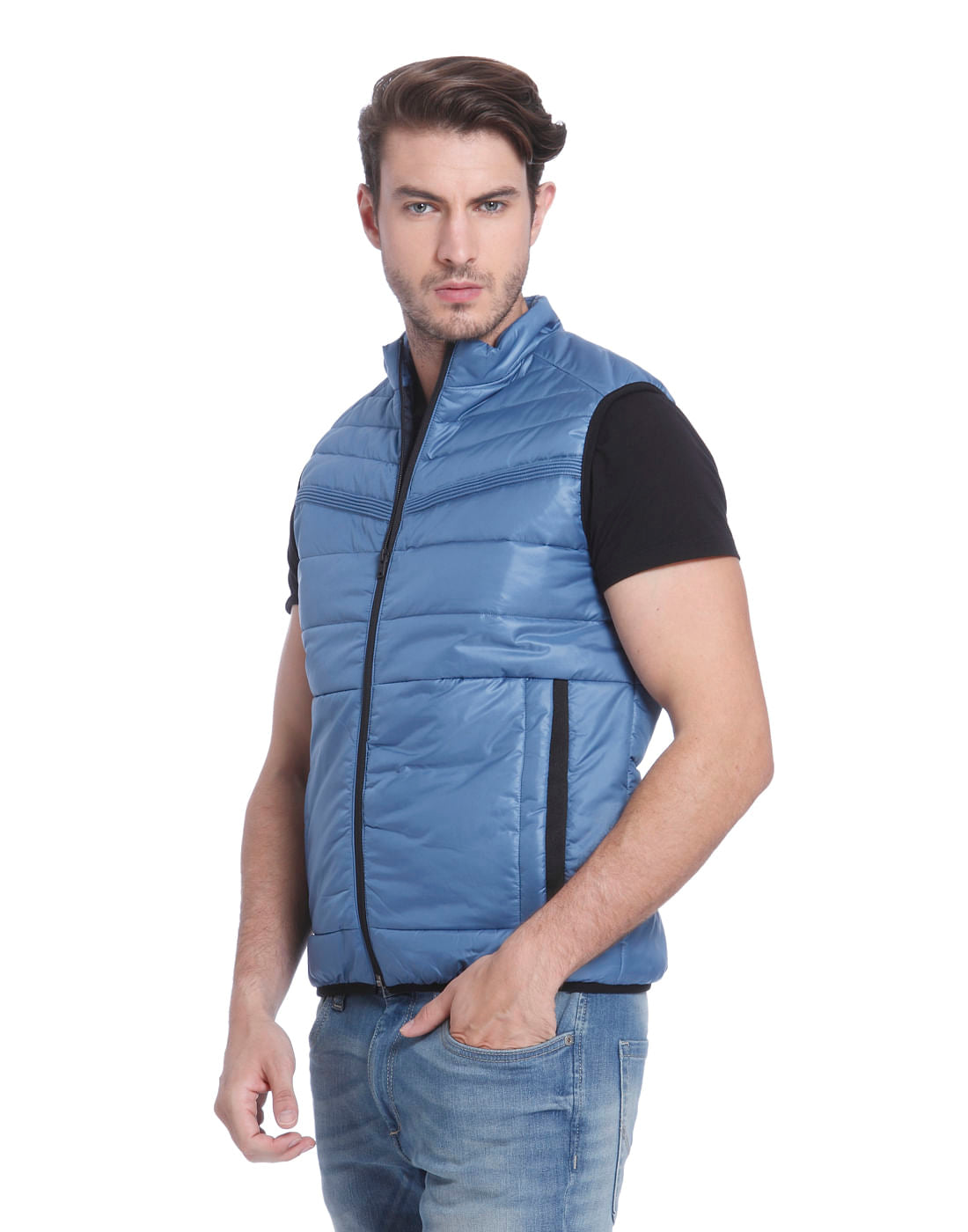Powder Blue Sleeveless Bomber Jacket