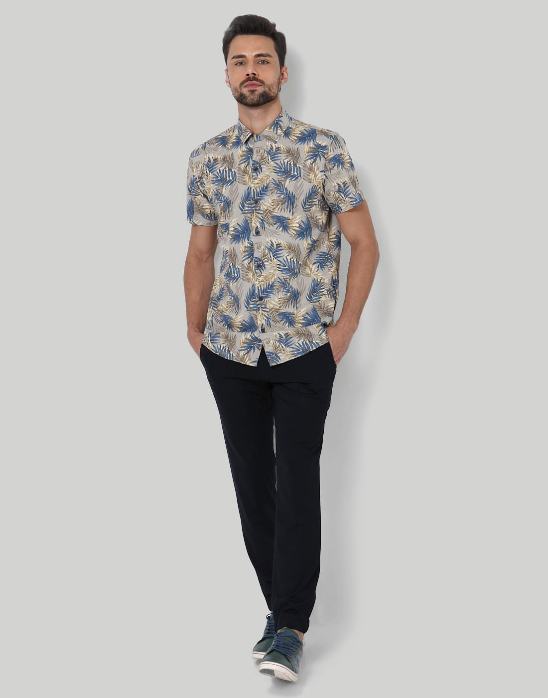 Grey Tropical Print Shirt