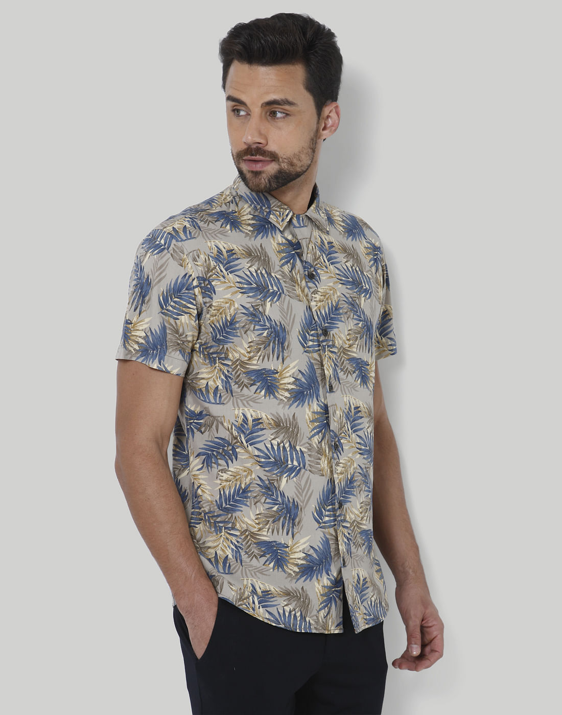 Grey Tropical Print Shirt