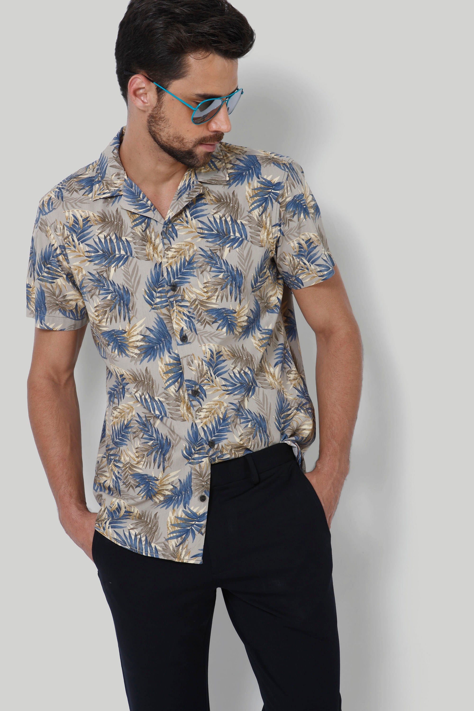 Grey Tropical Print Shirt