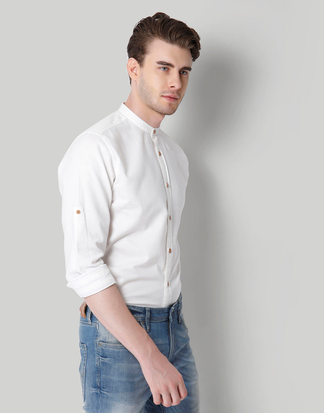 White Mandarin Collar Shirt
