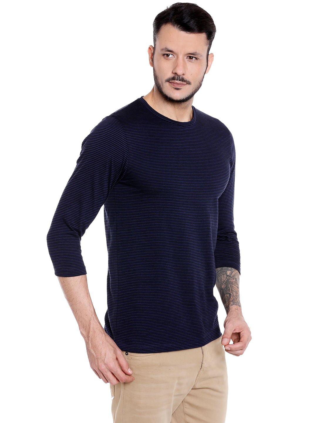 Dark Blue Striped Crew Neck T-Shirt