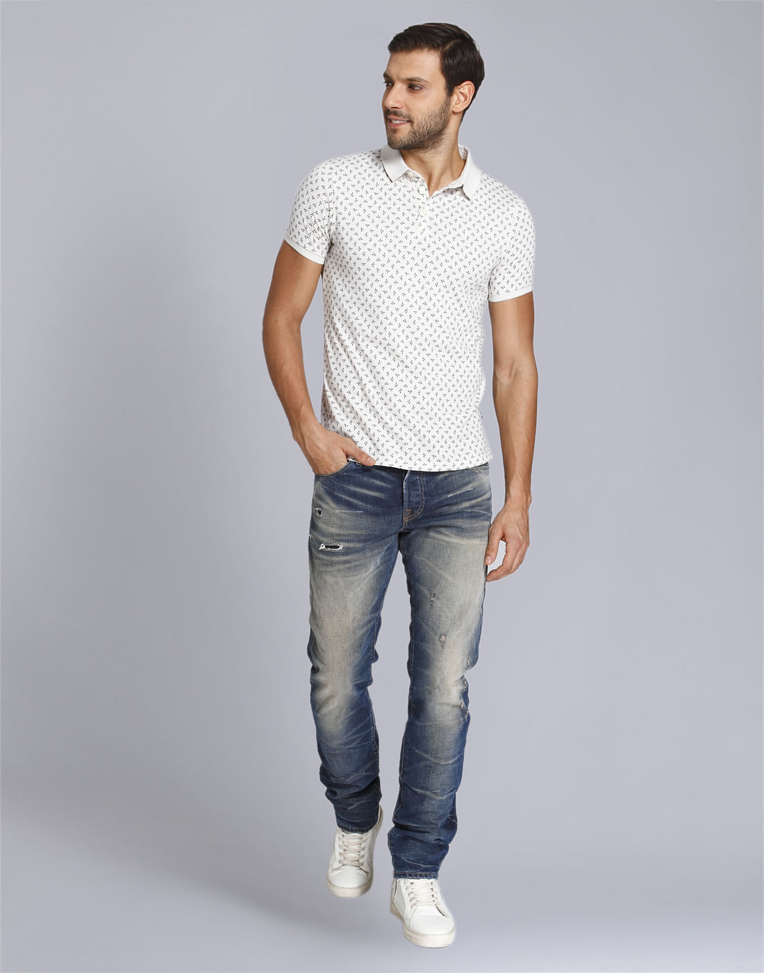 White All Over Print Polo T-Shirt