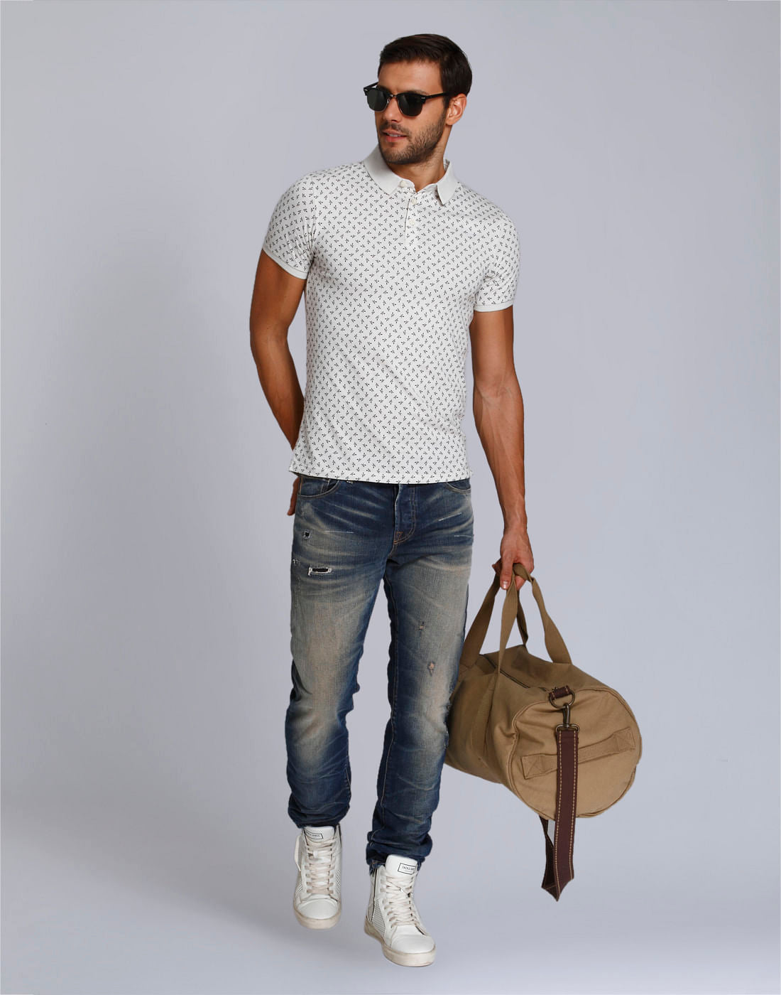 White All Over Print Polo T-Shirt