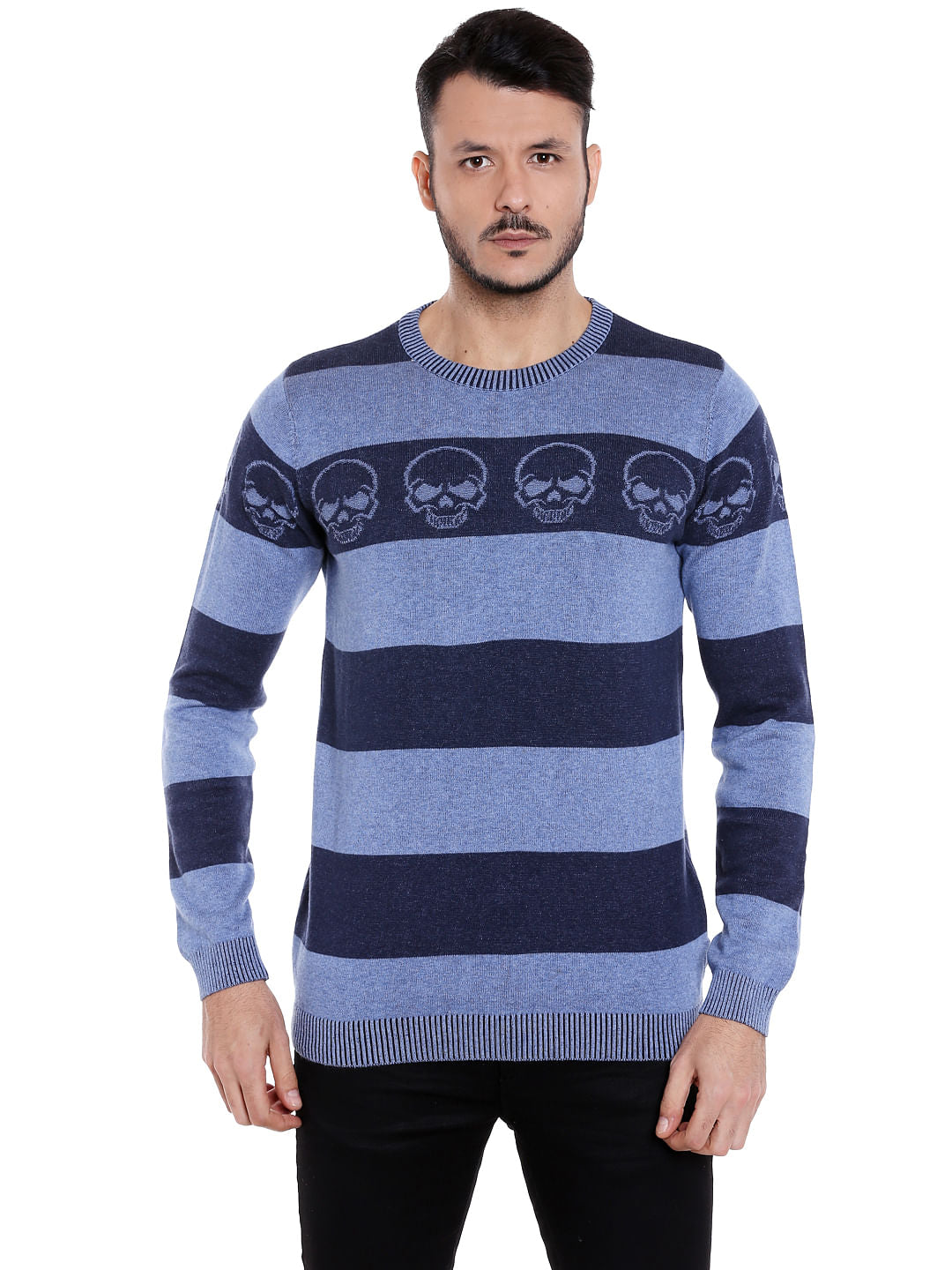 Blue Striped Skull Print Pullover