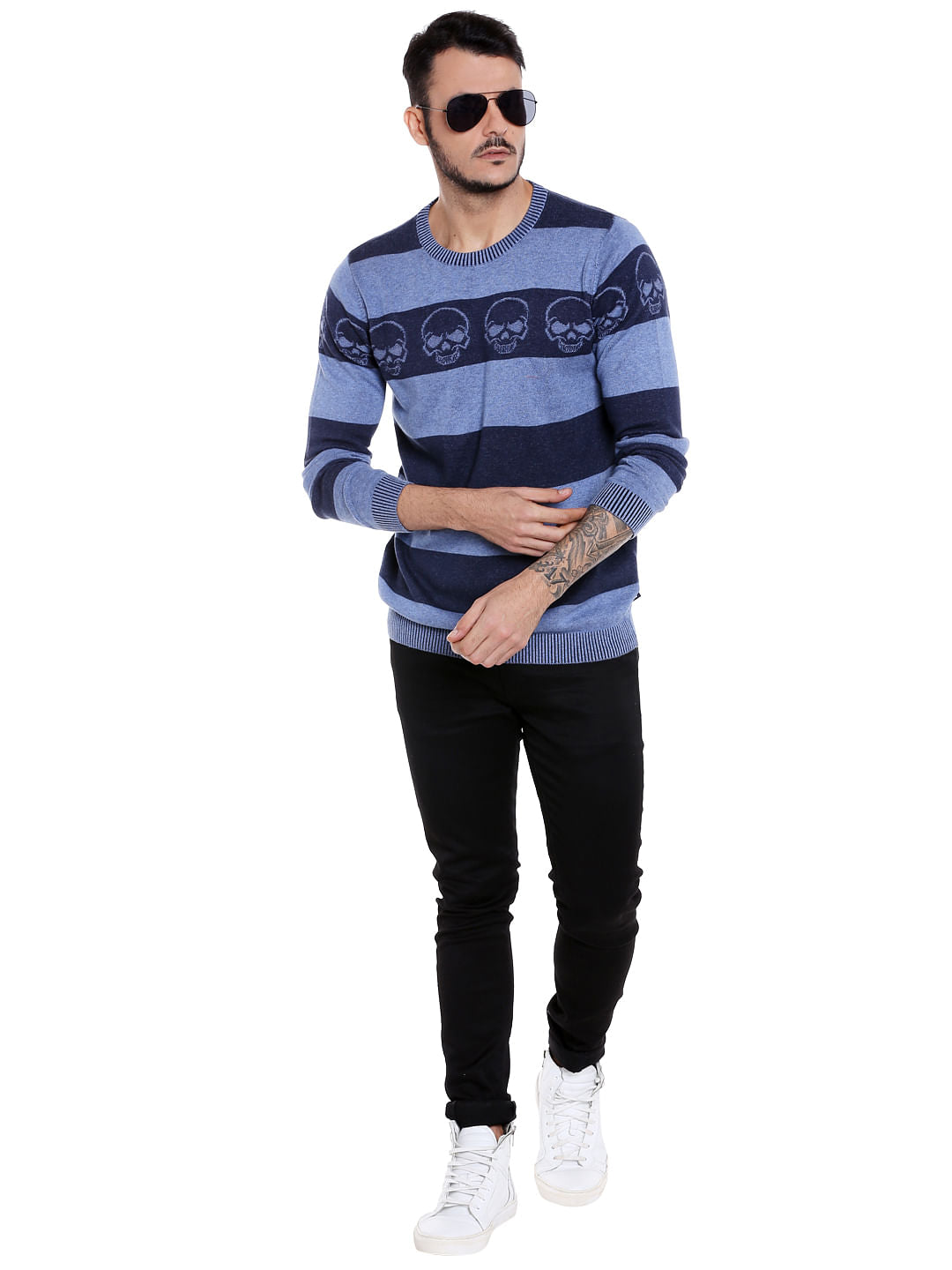 Blue Striped Skull Print Pullover