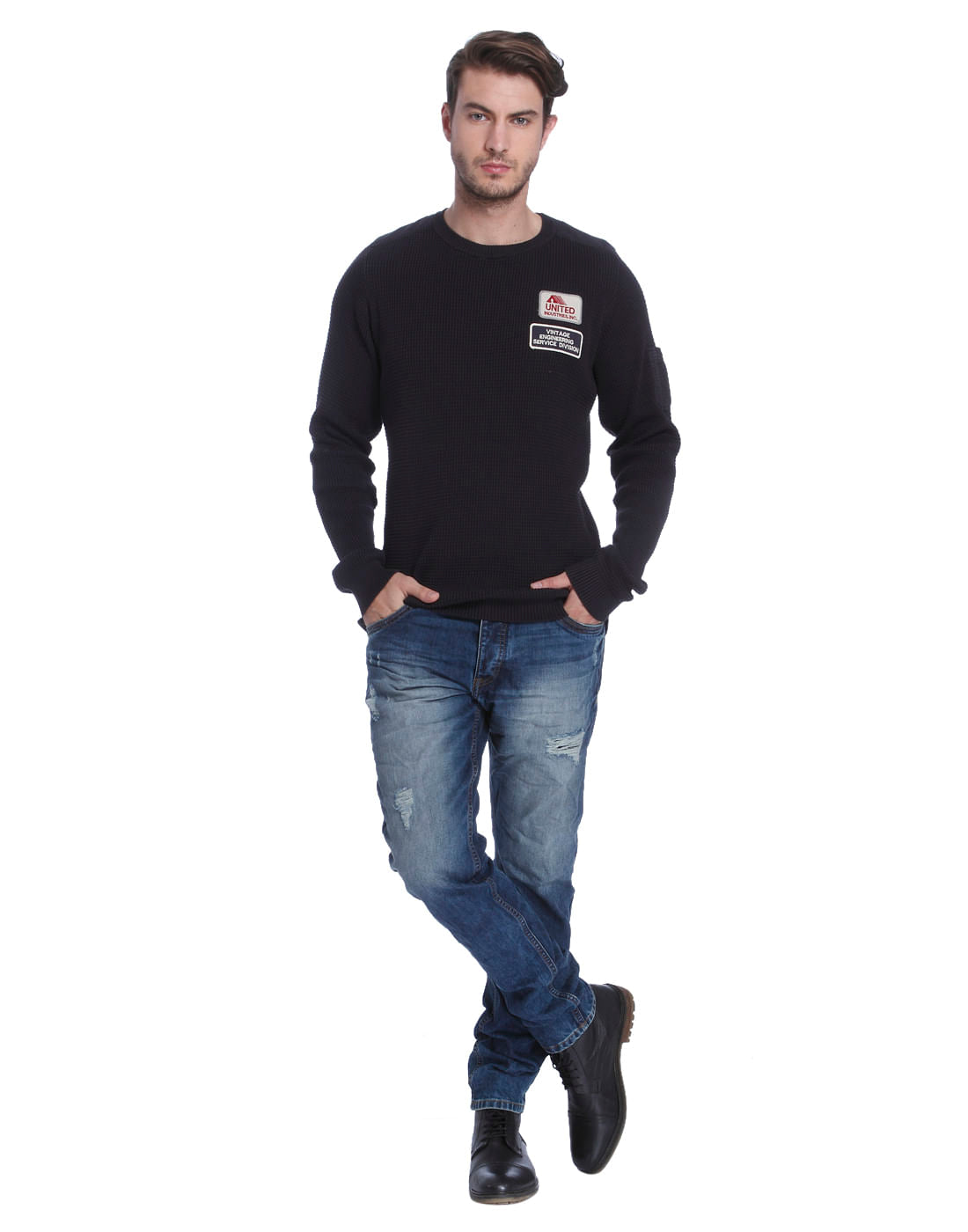Black Badge Detail Crew Neck Cardigan