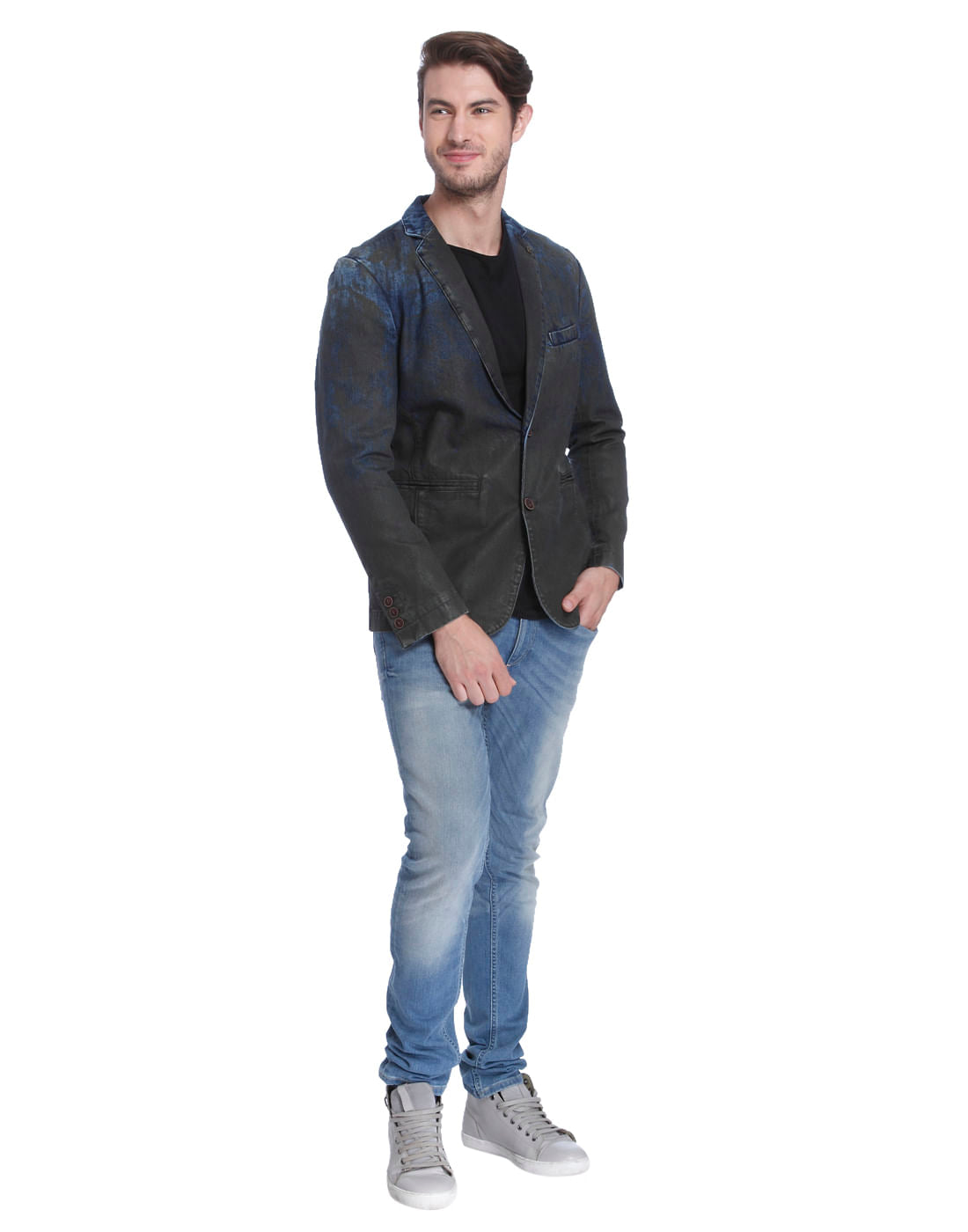 Dark Blue Denim Textured Blazer