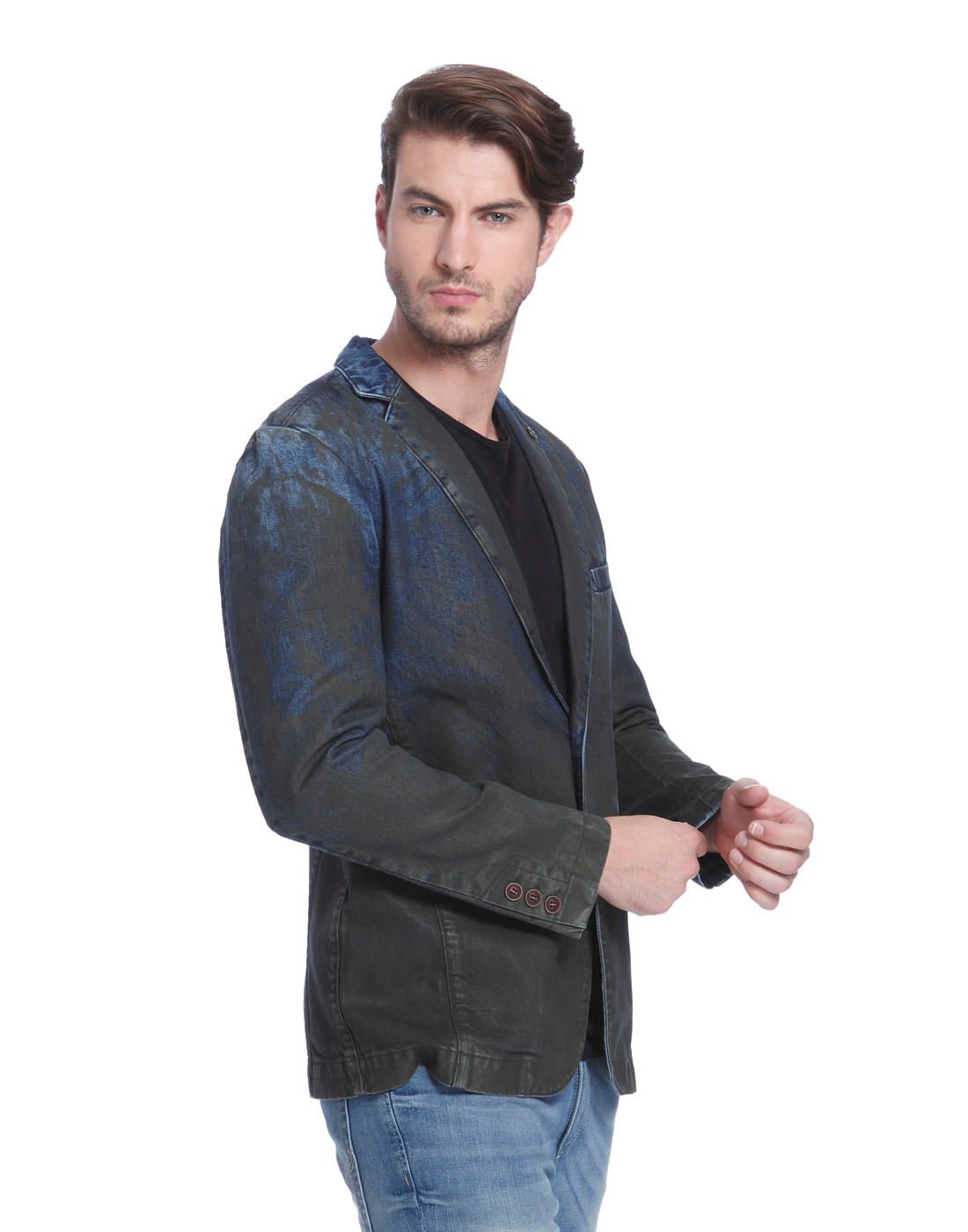 Dark Blue Denim Textured Blazer
