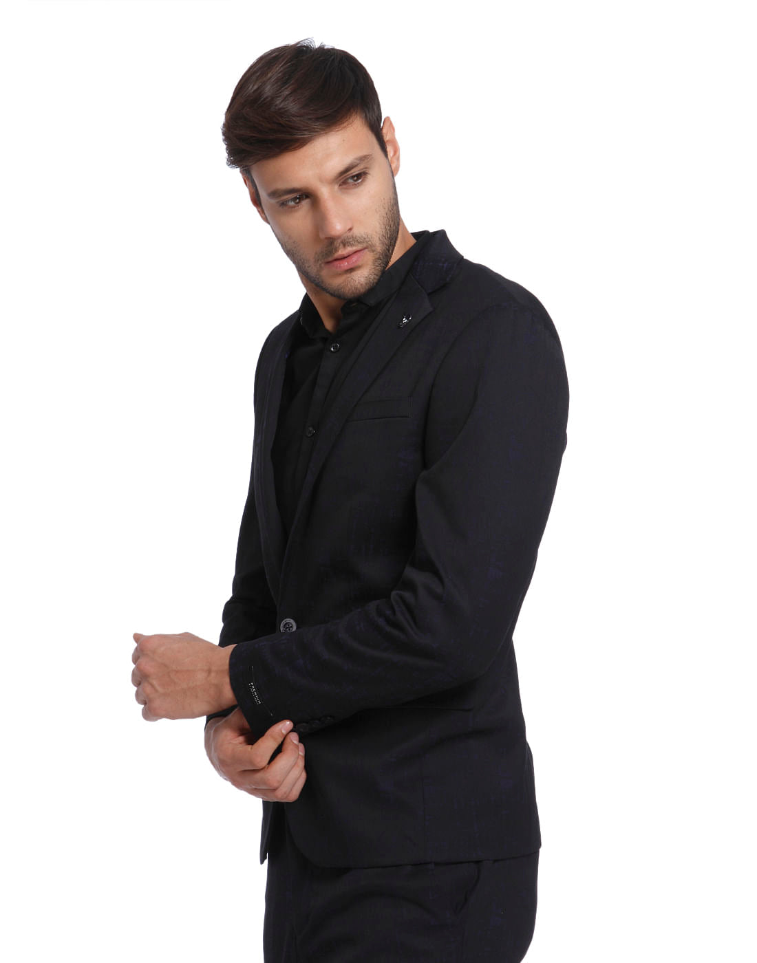 Dark Blue Textured Slim Fit Blazer
