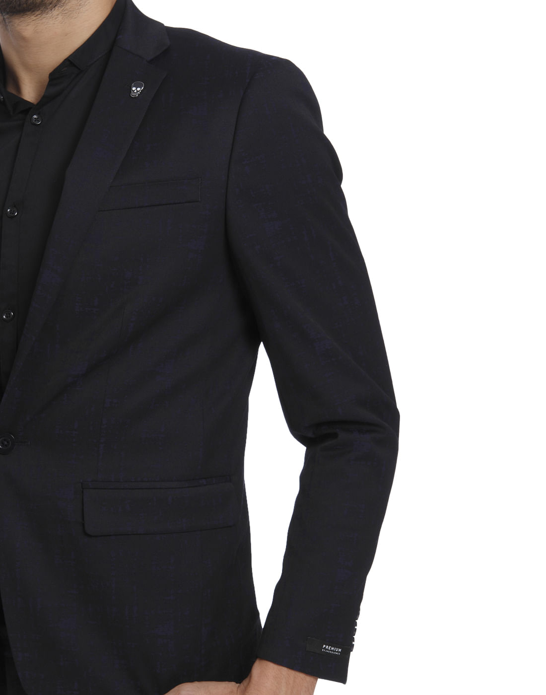 Dark Blue Textured Slim Fit Blazer