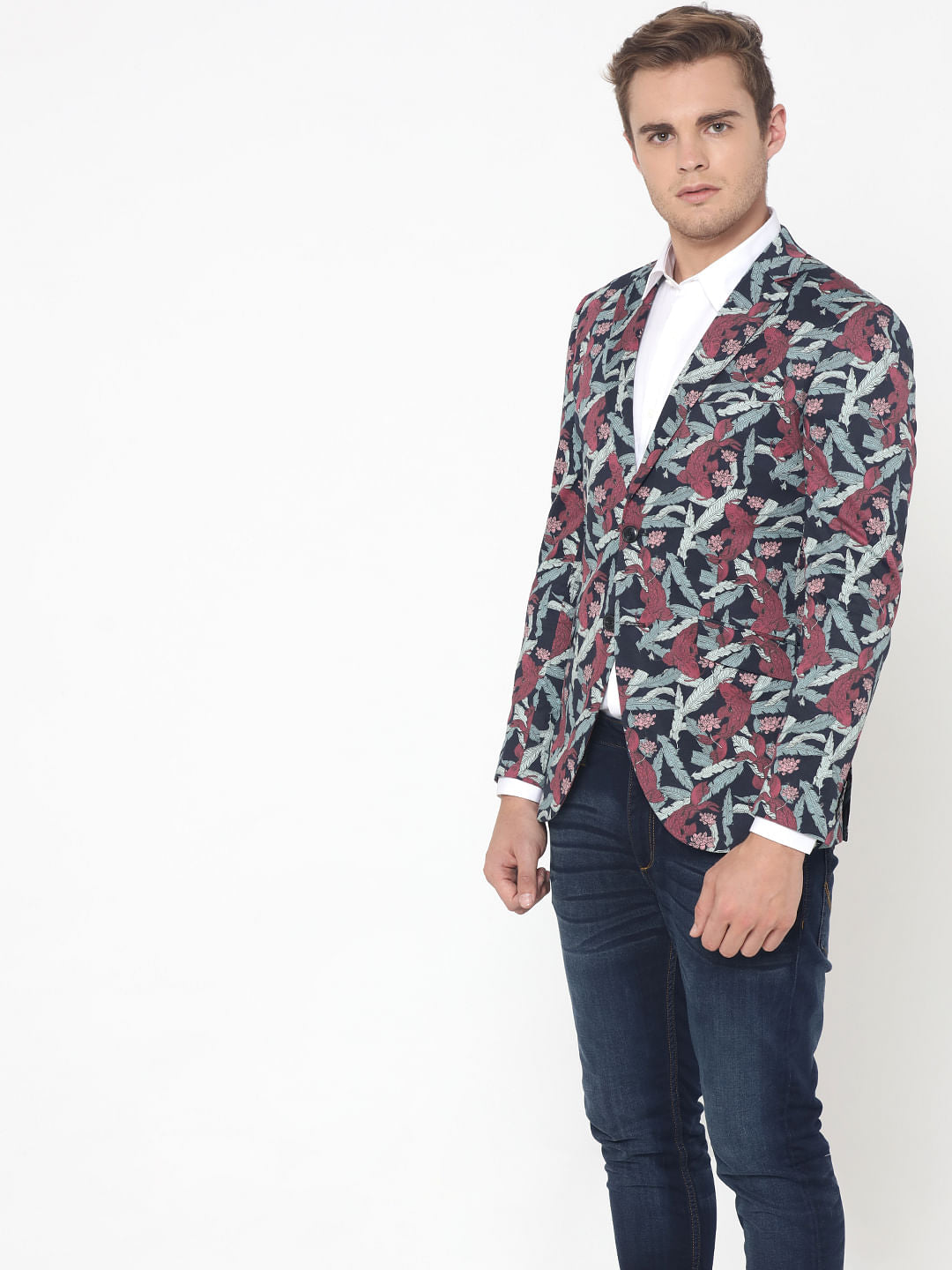 Dark Blue Floral Print Blazer