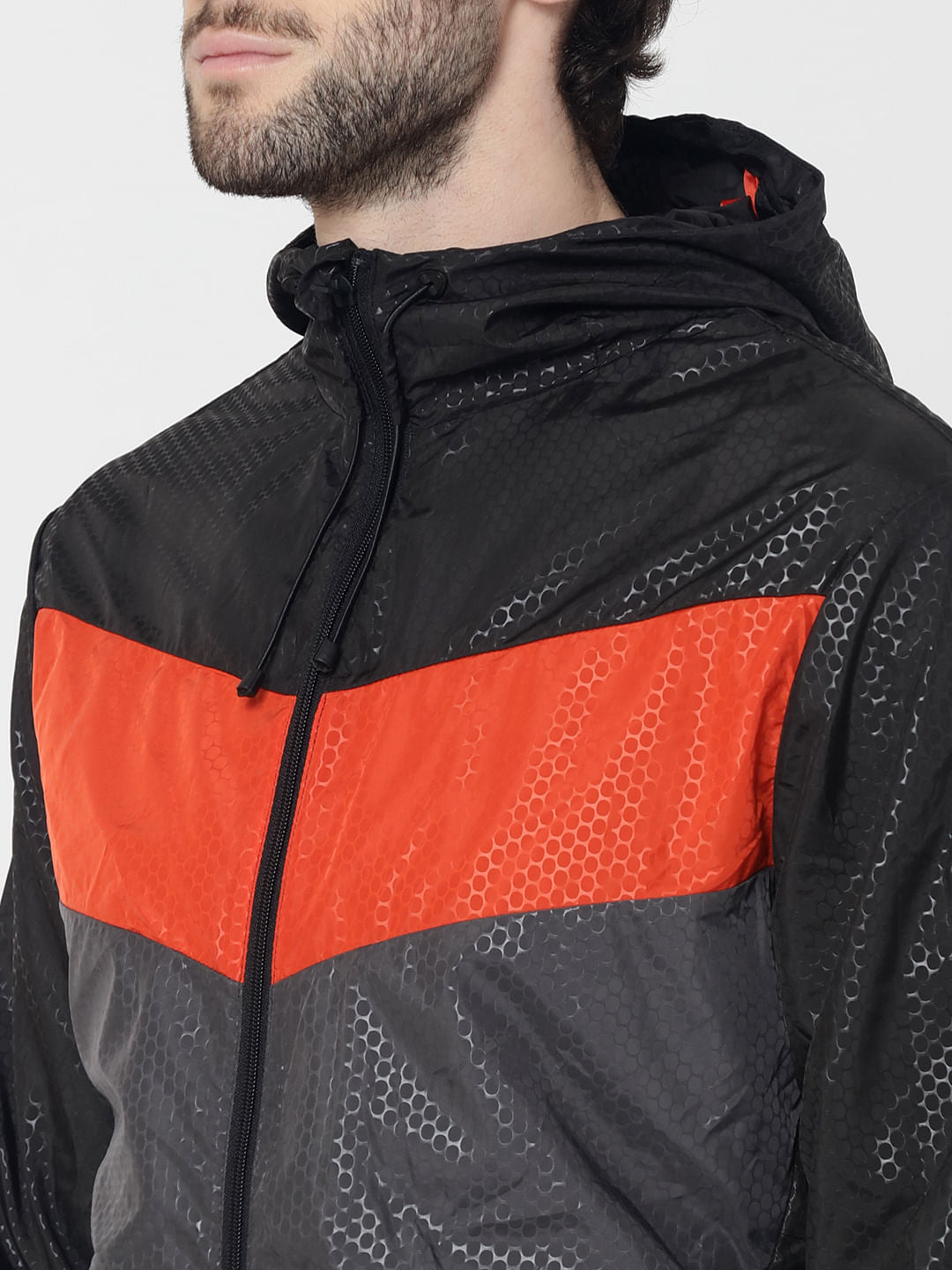 Black Colourblocked Textured Jacket