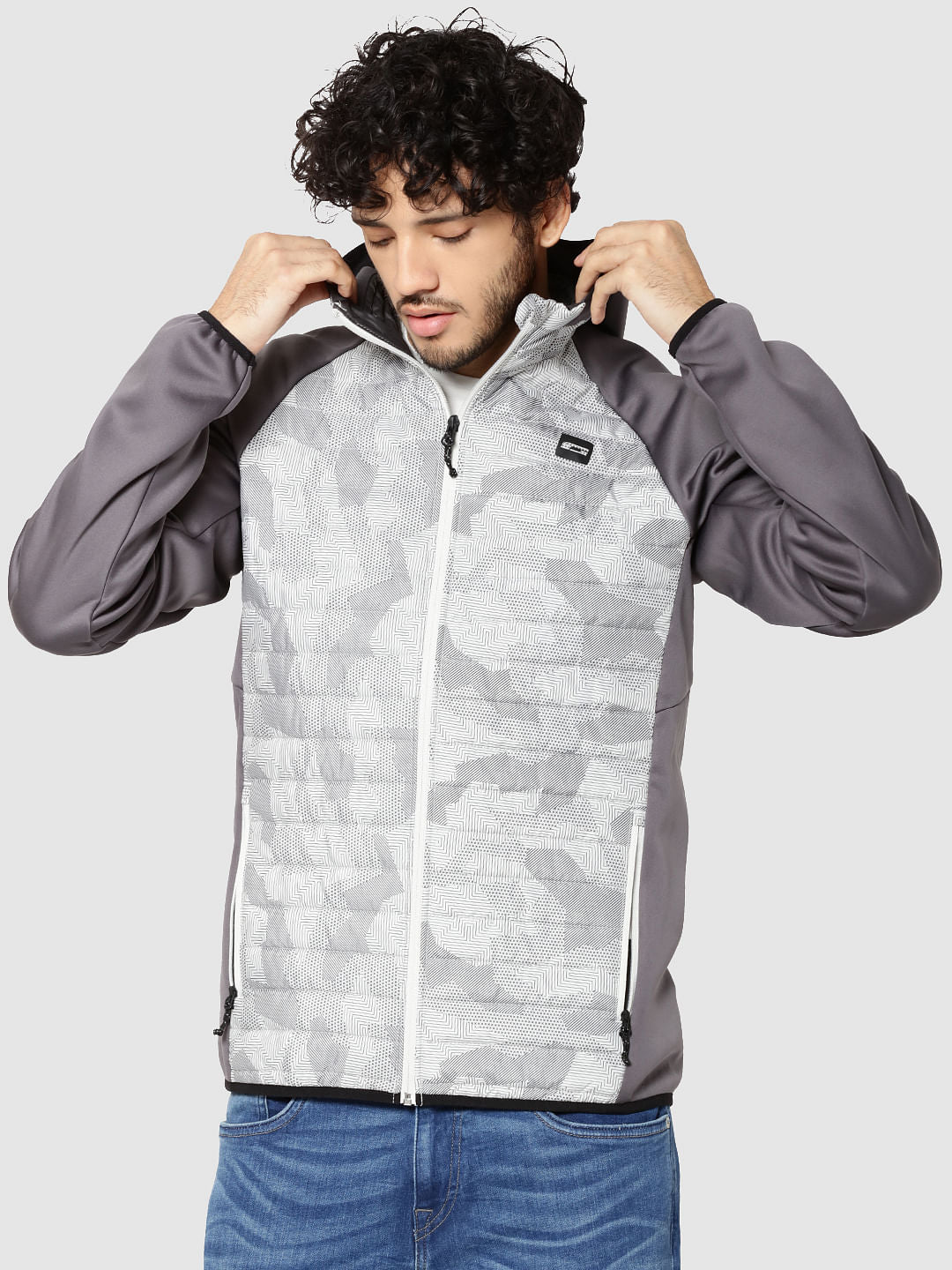 Grey Camo Print Bomber Jacket