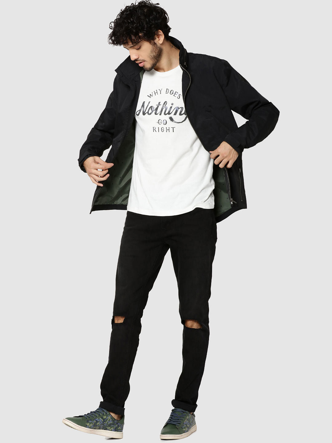 Black Graphic Print Hooded Casual Jacket