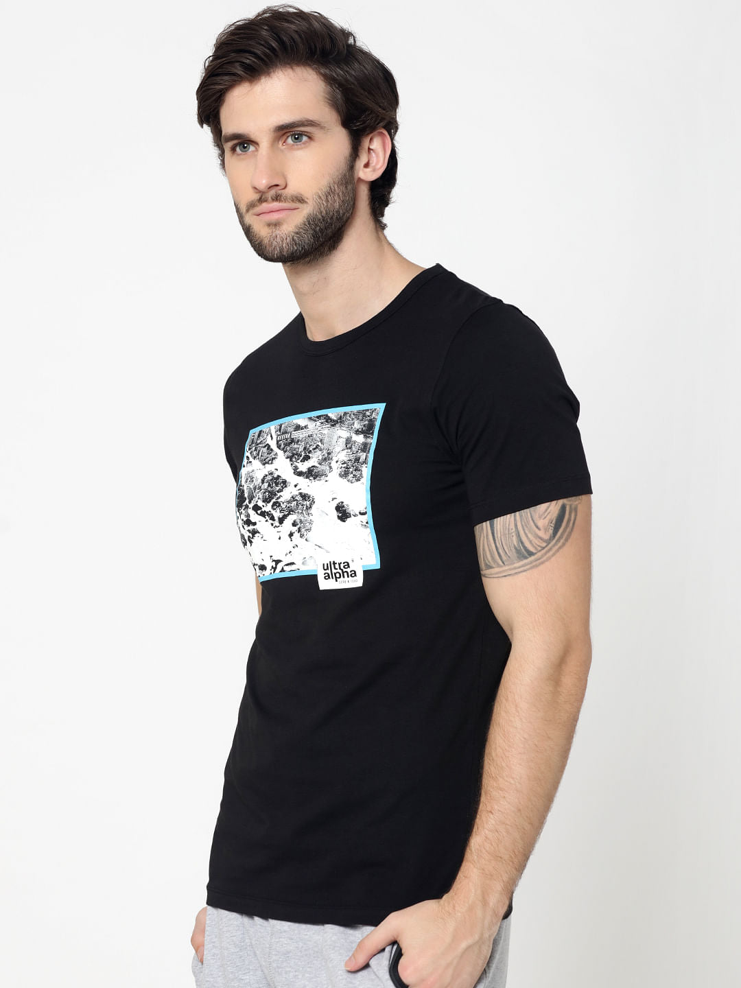 Black Photo Print Crew Neck T-Shirt
