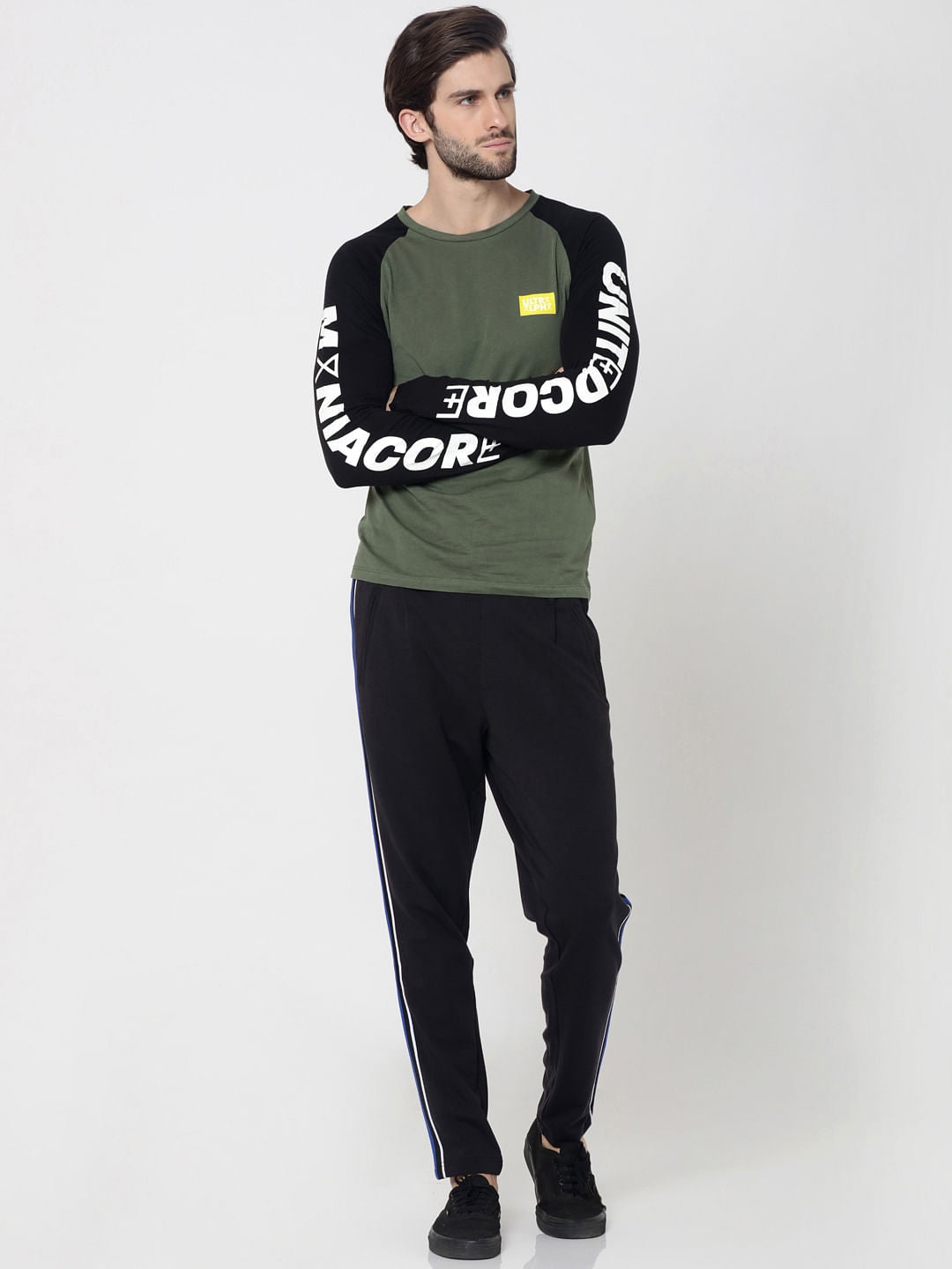 Green & Black Logo Print Full Sleeves Crew Neck T-Shirt