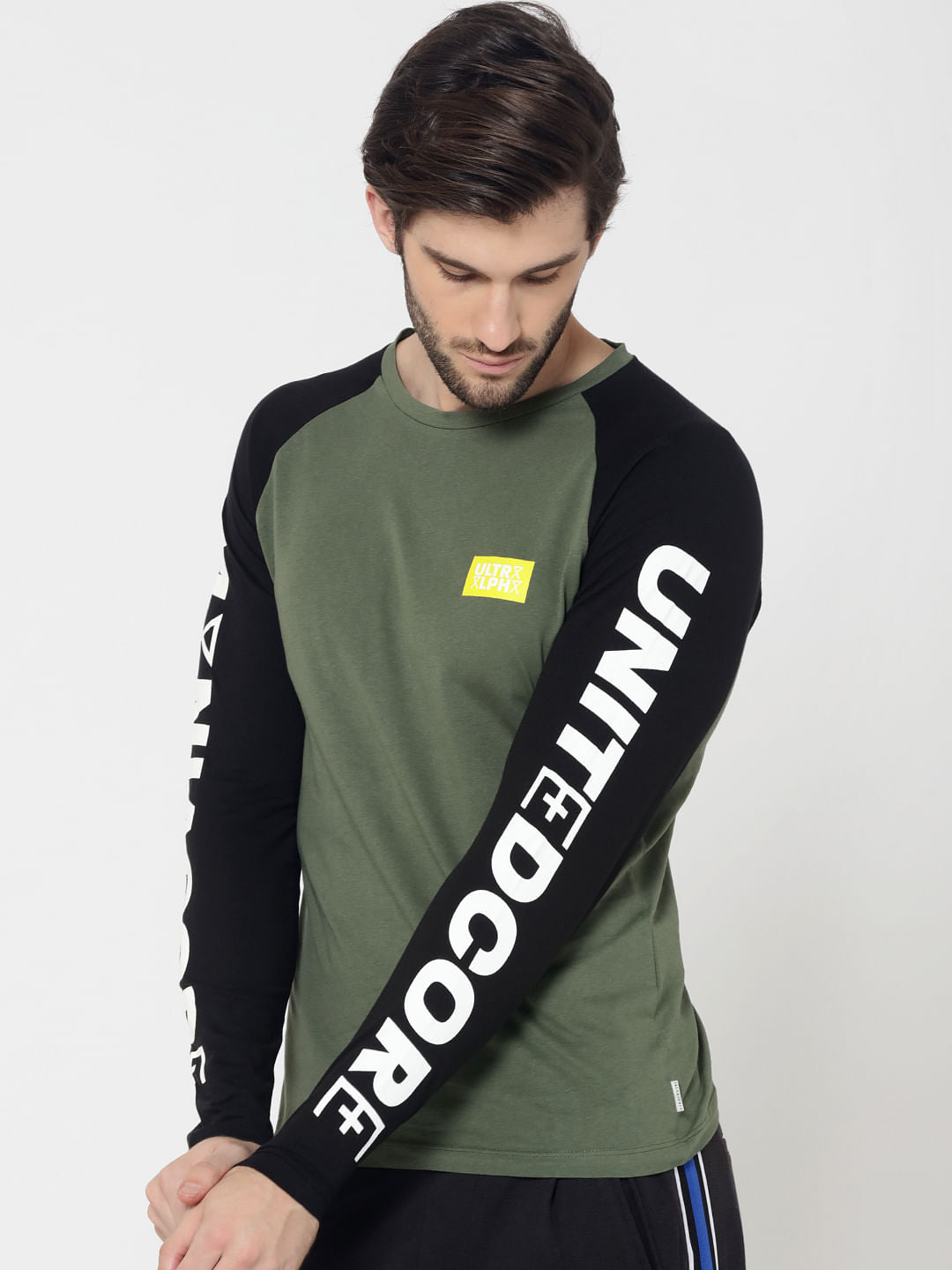 Green & Black Logo Print Full Sleeves Crew Neck T-Shirt